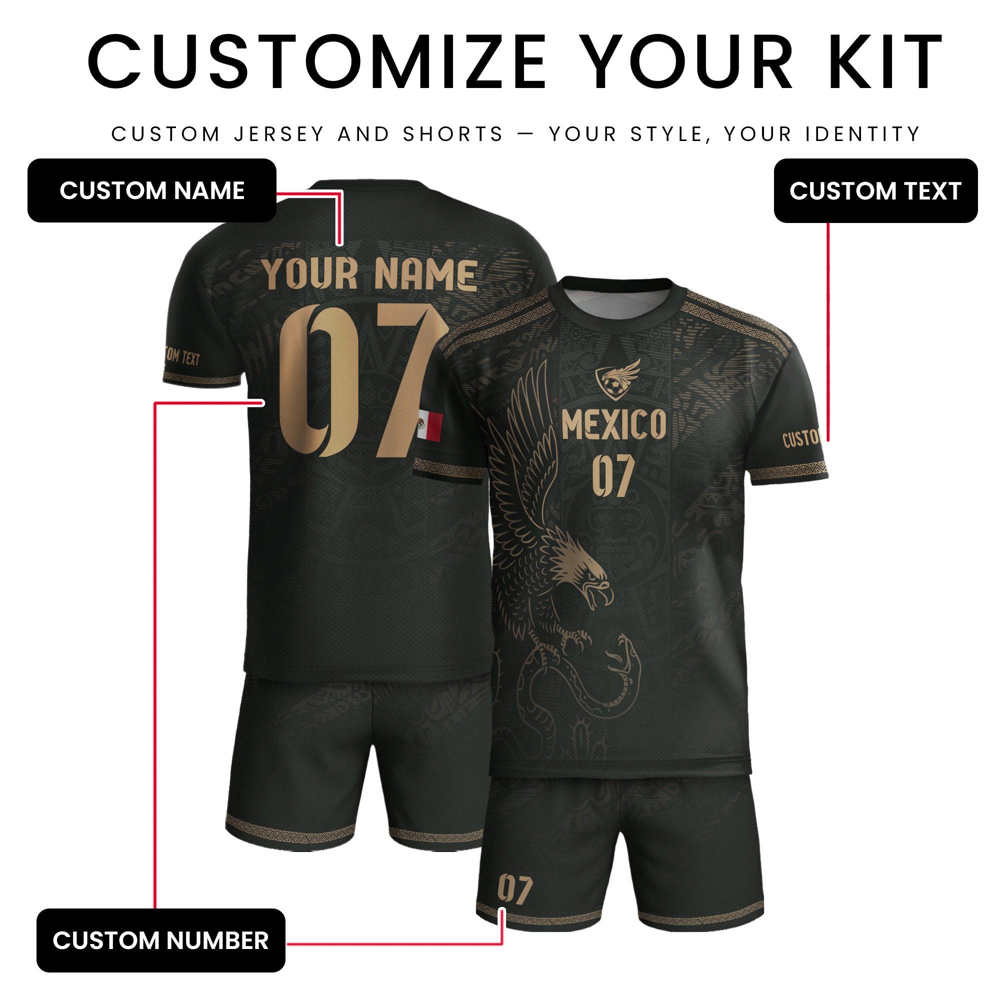 Custom Mexico Soccer Jersey Black Gold Eagle Design
