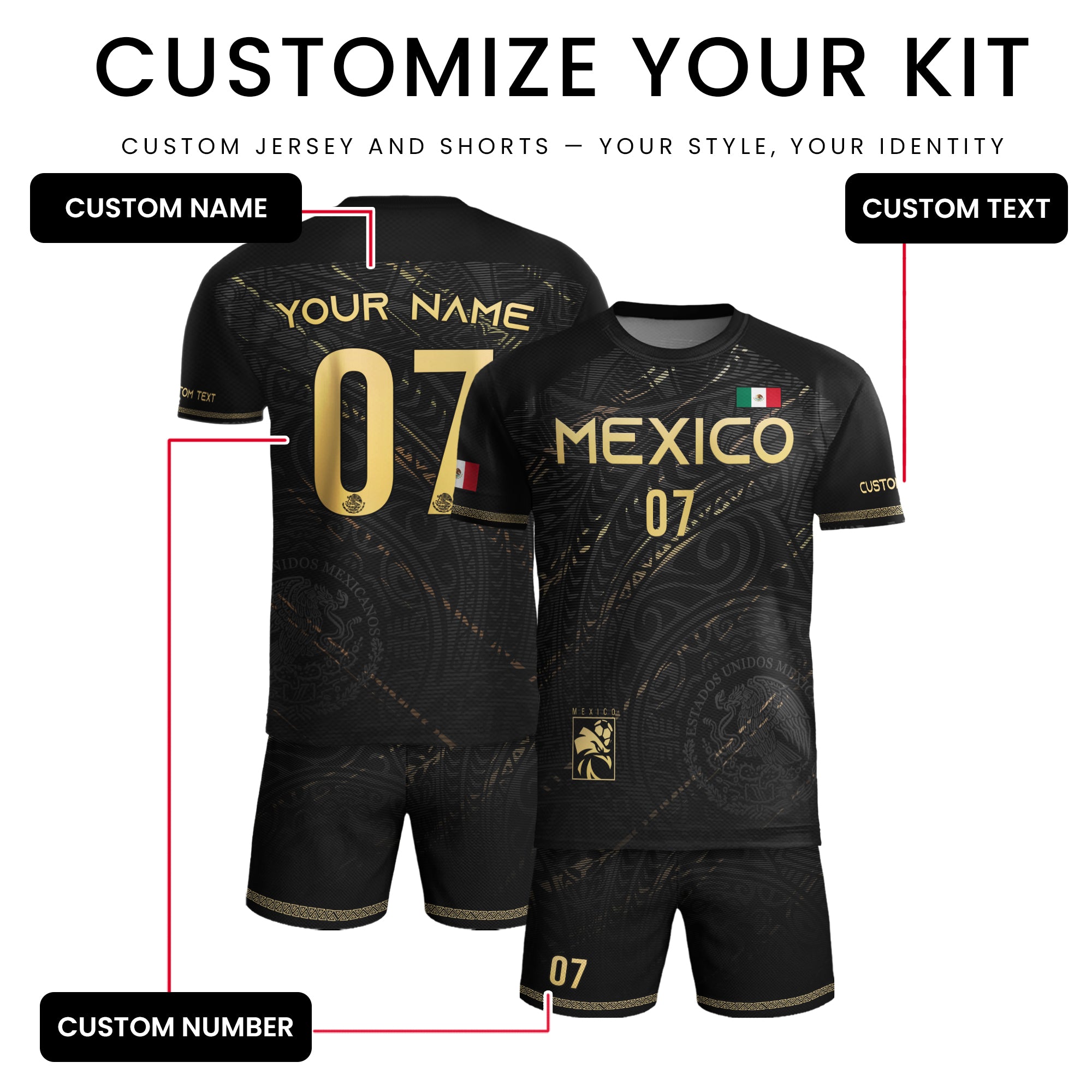 Custom Black Gold Mexico Soccer Jersey with Eagle Design