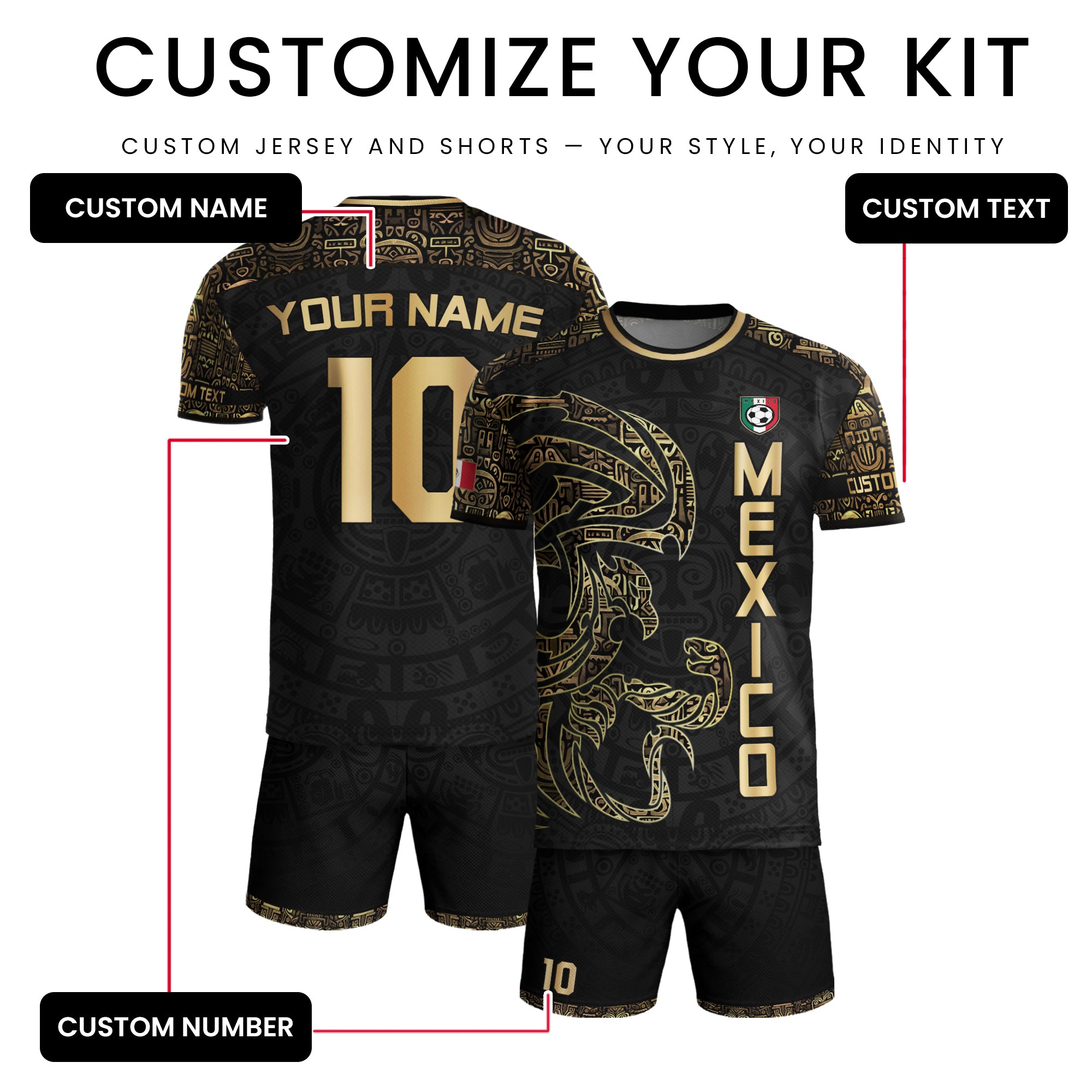 Custom Black Gold Mexico Jersey with Tribal Design