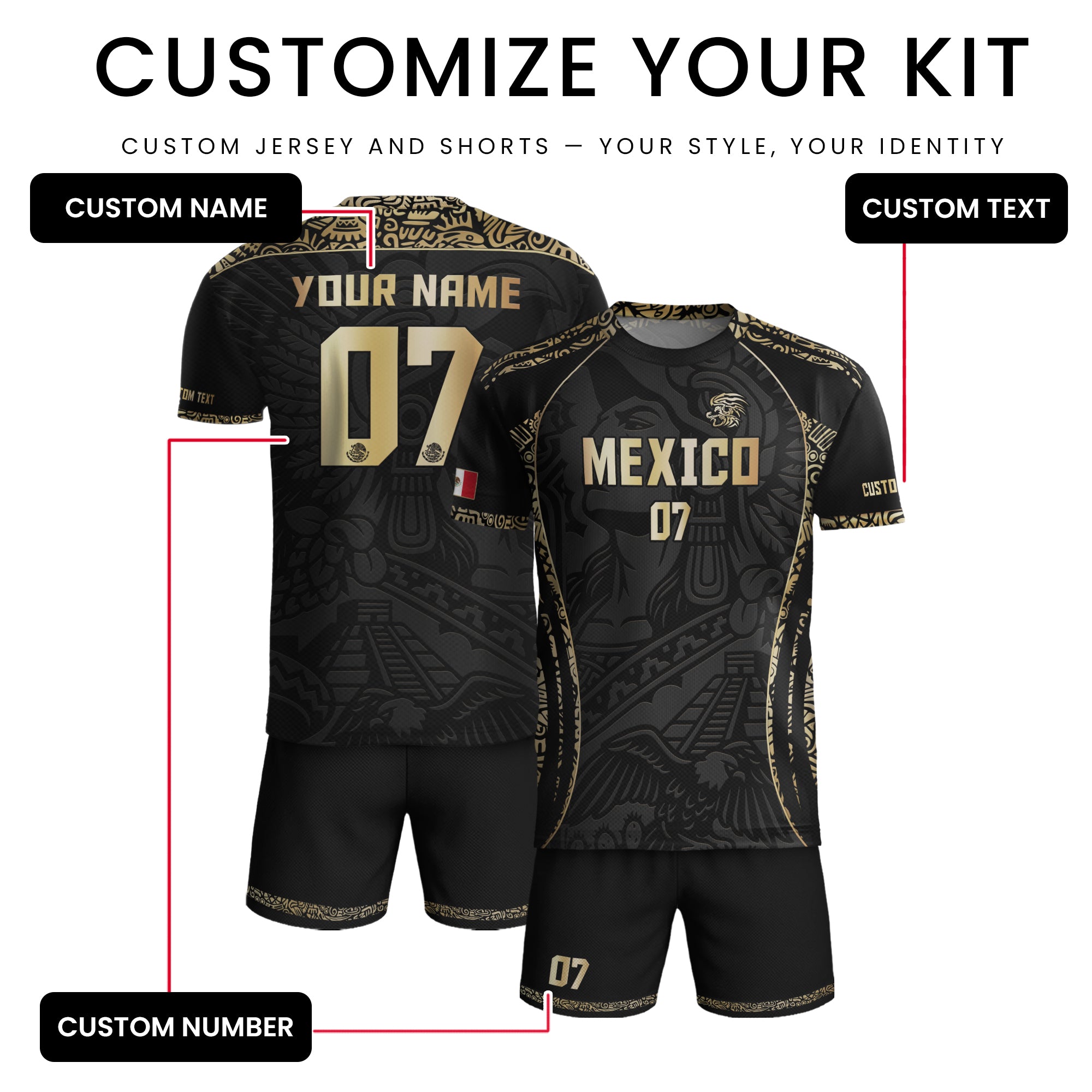 Custom Mexico Soccer Jersey Black Gold Aztec Eagle Pyramid Design