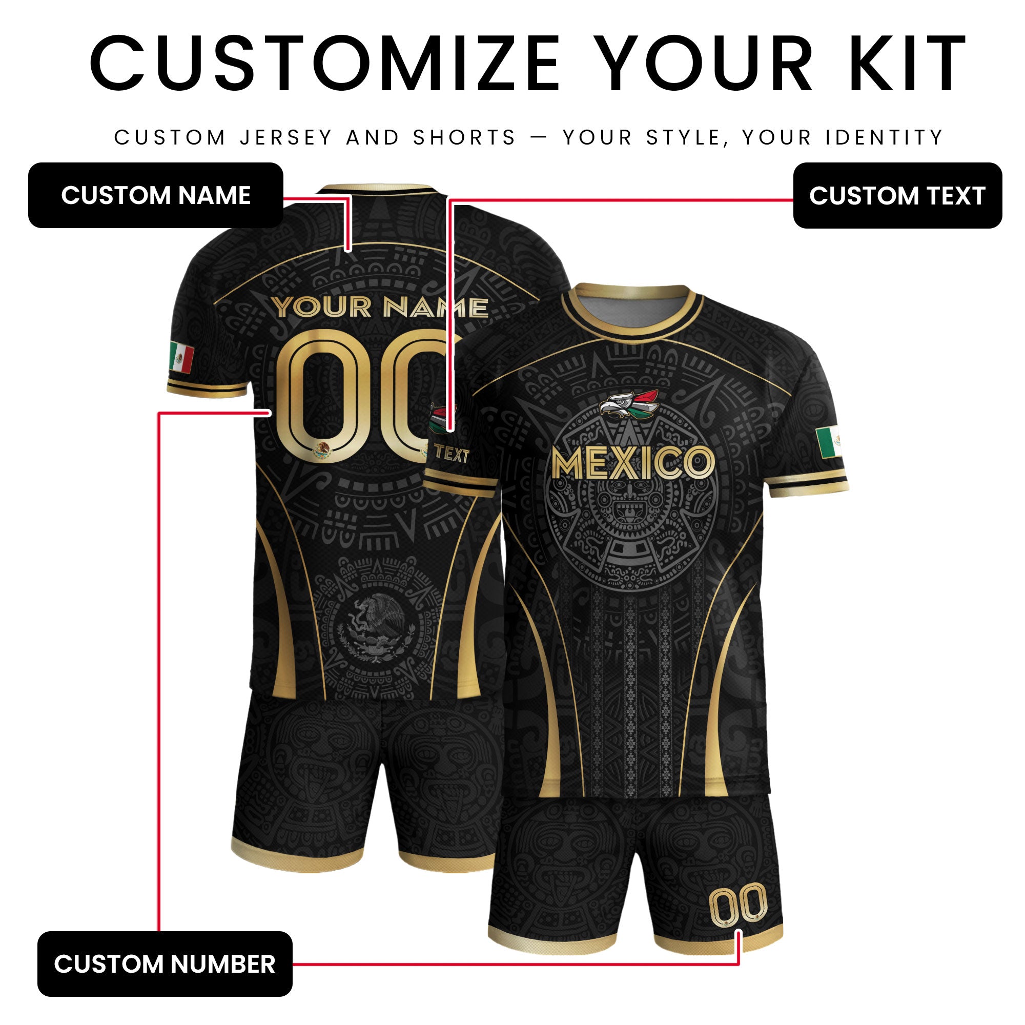 Custom Mexico Soccer Jersey Black Gold Aztec Calendar Design