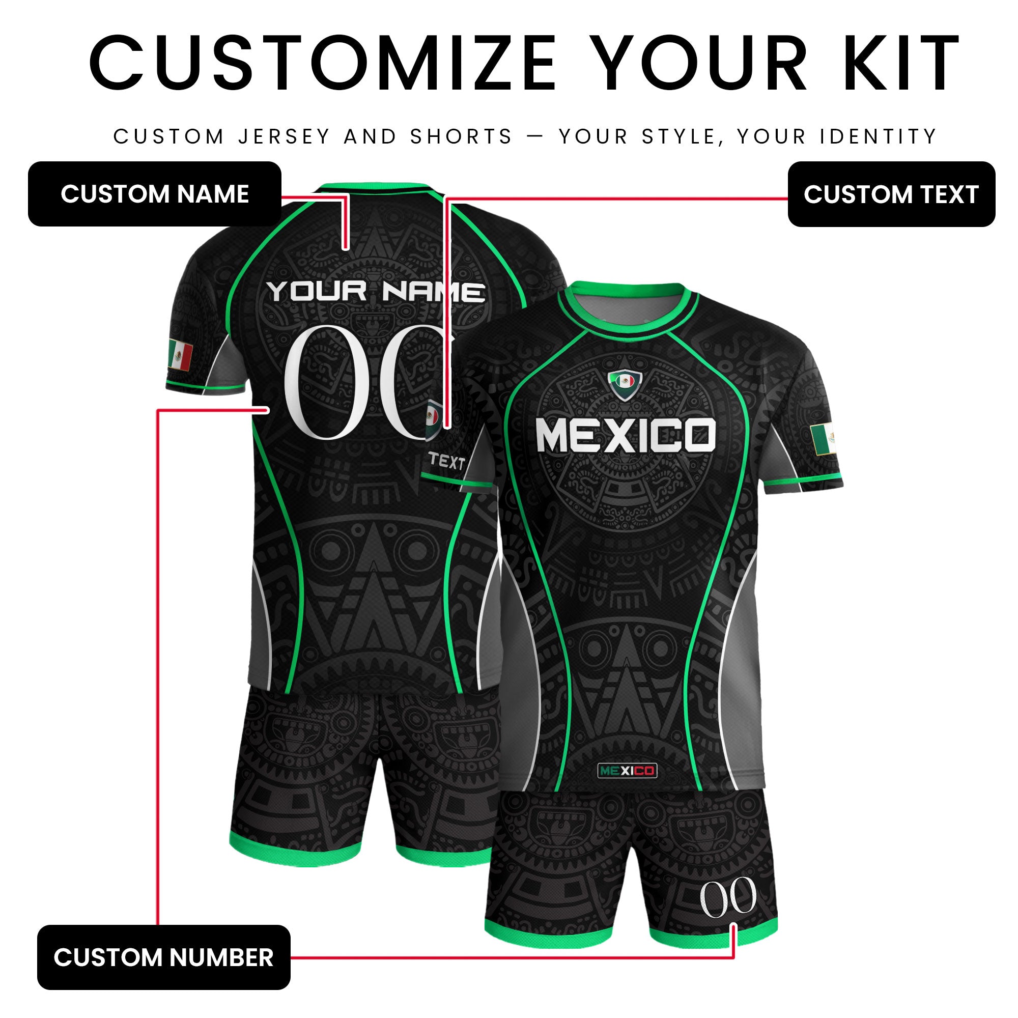 Custom Mexico Soccer Jersey Black Green Aztec Pattern Design