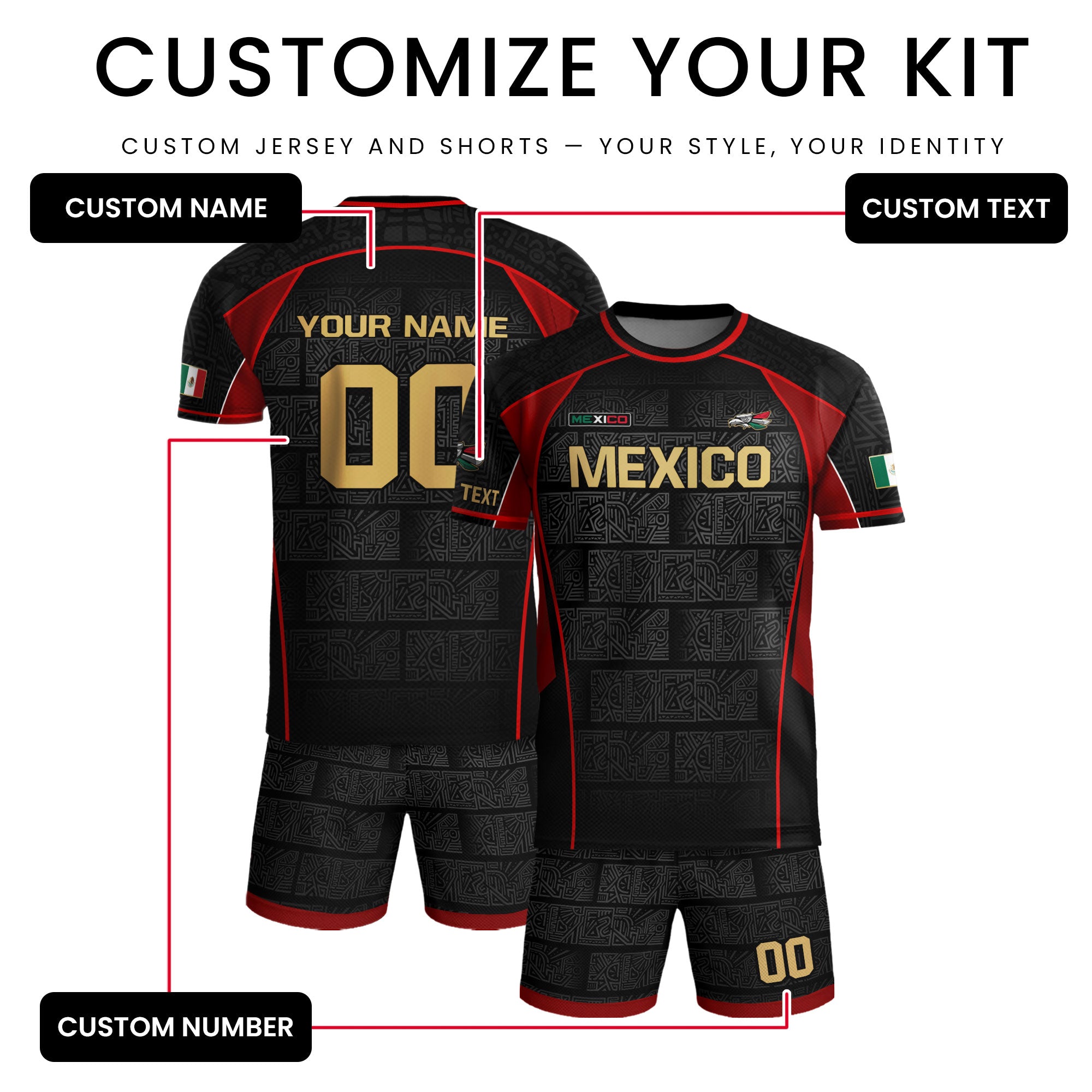 Custom Mexico Soccer Jersey Black Red Gold Aztec Pattern Design