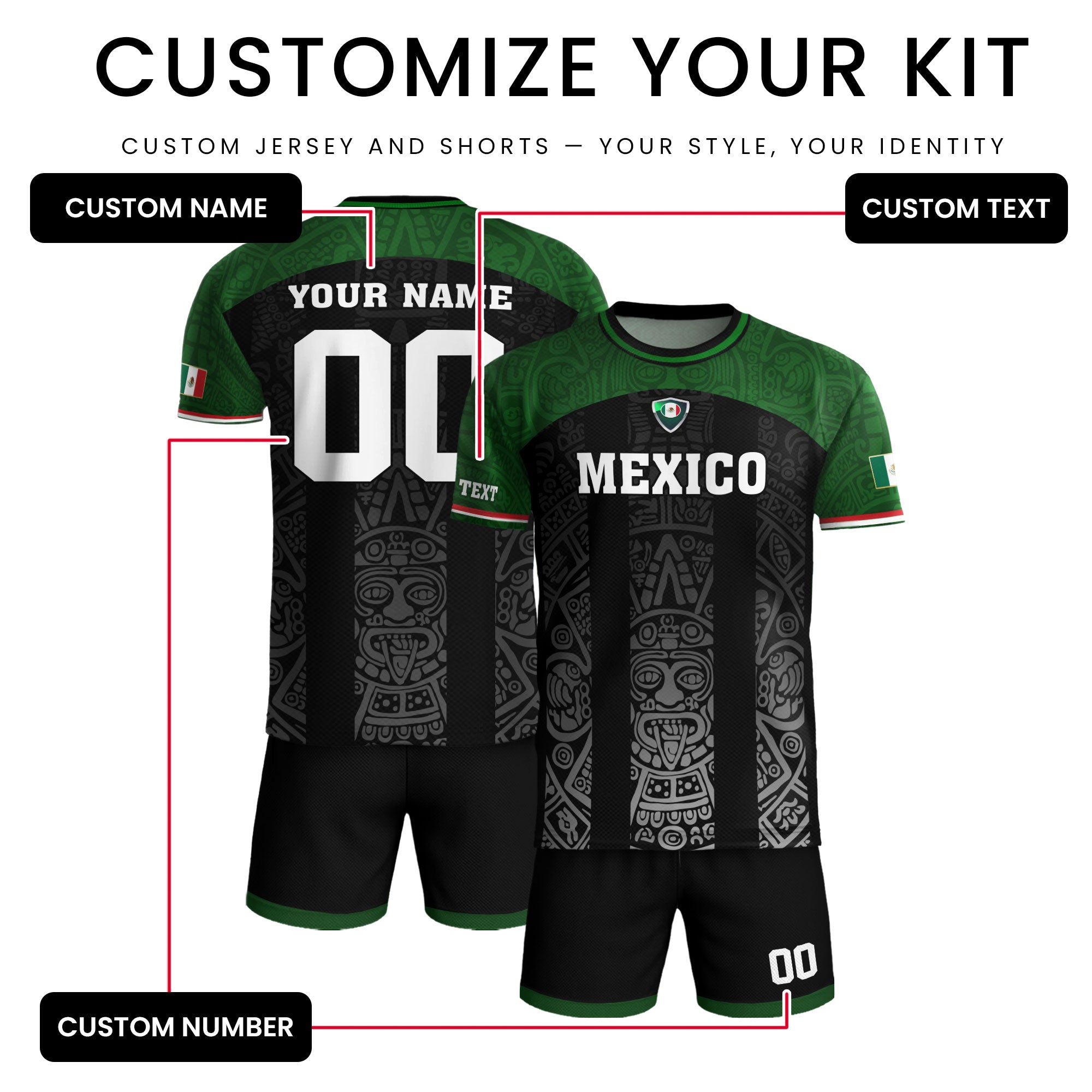 Custom Mexico Soccer Jersey Green Black Aztec Stripe Design
