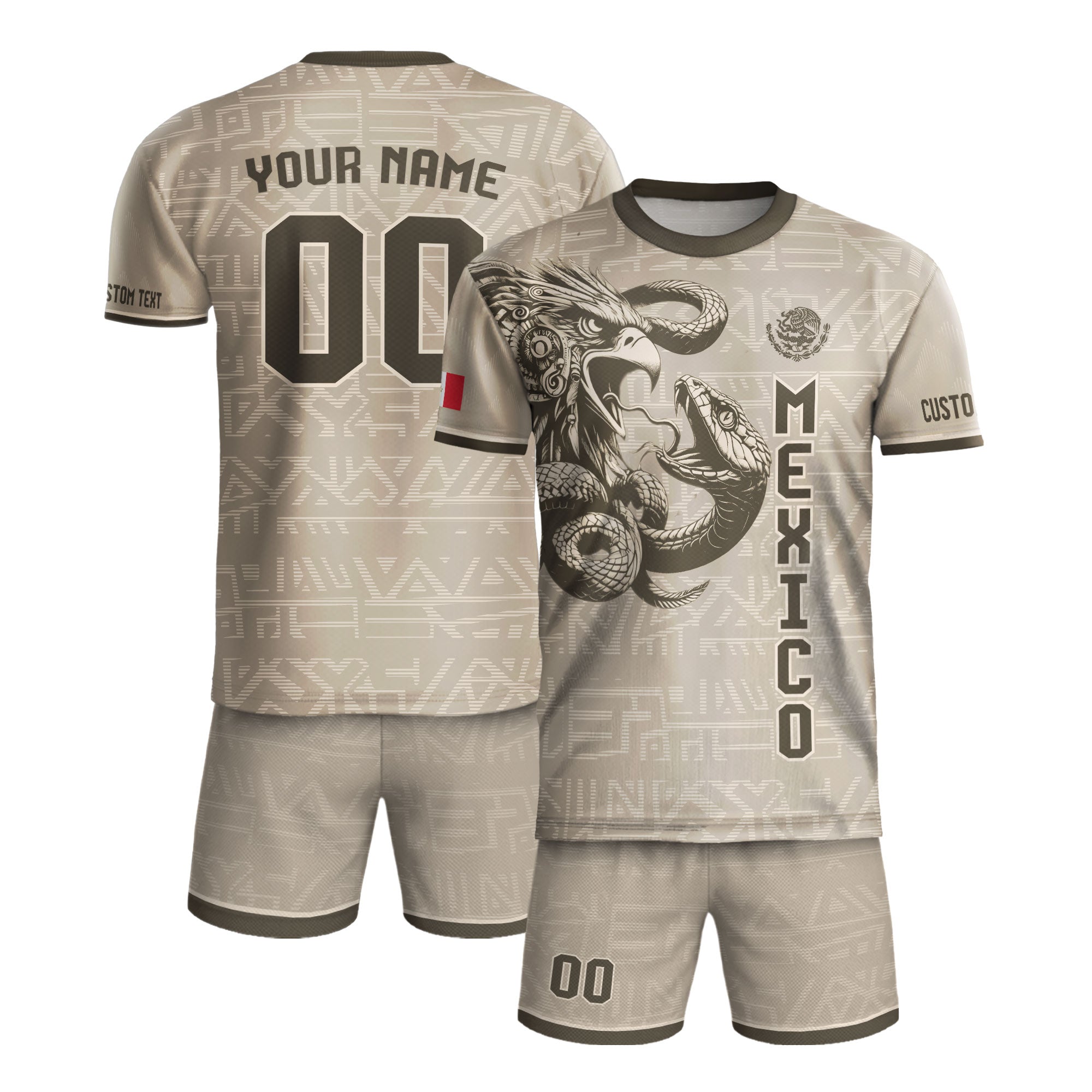 Custom Mexico Soccer Jersey Beige Aztec Eagle Design