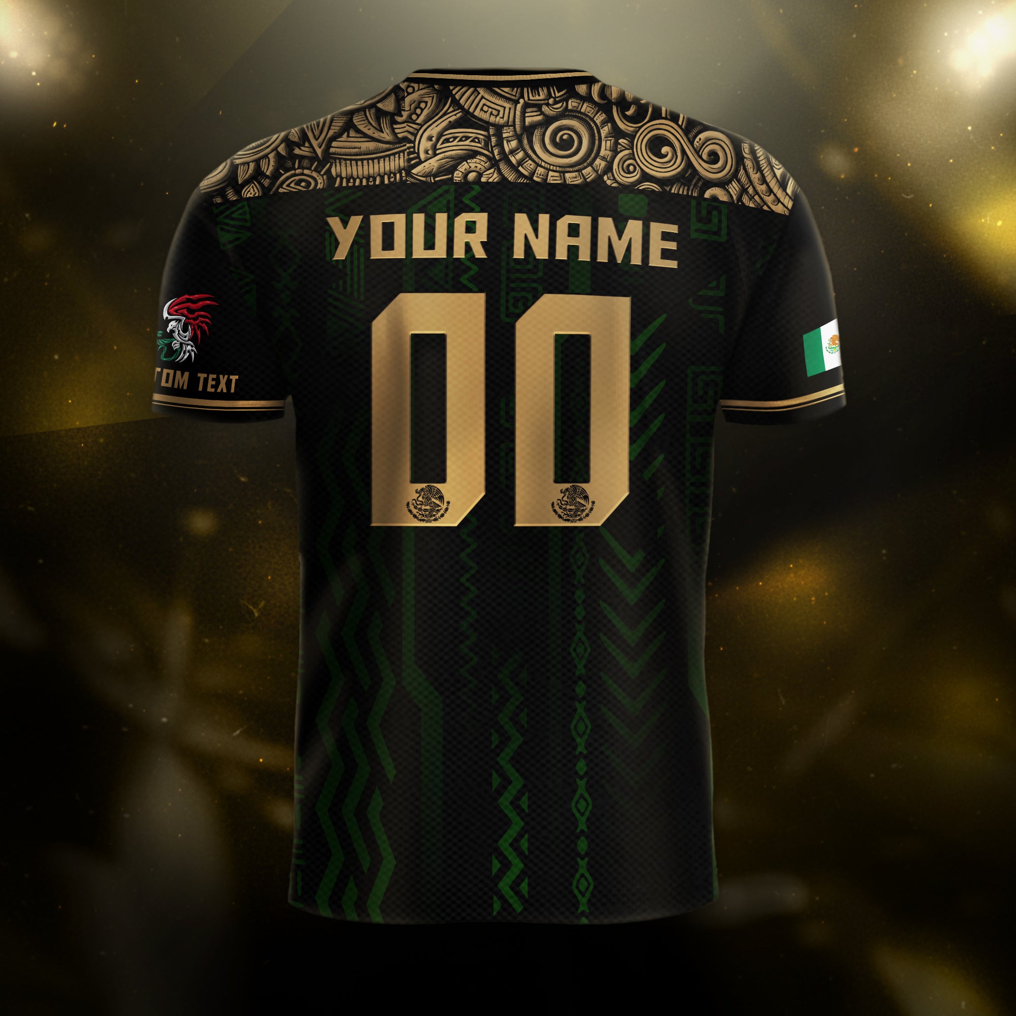 Custom Mexico Soccer Jersey Black Gold Aztec Pattern