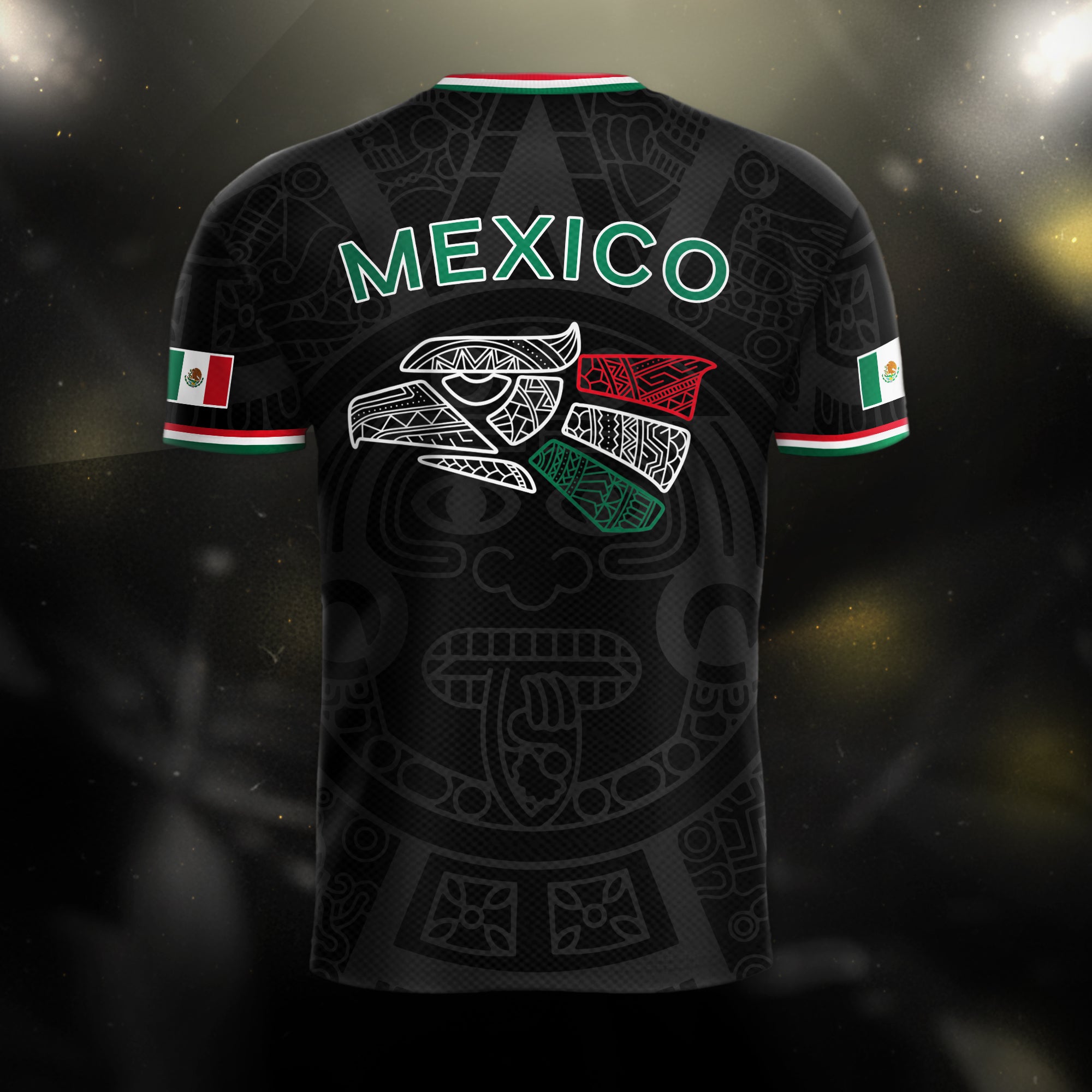 Soccer Jersey Mexico Black Aztec Pattern with Tricolor Accents