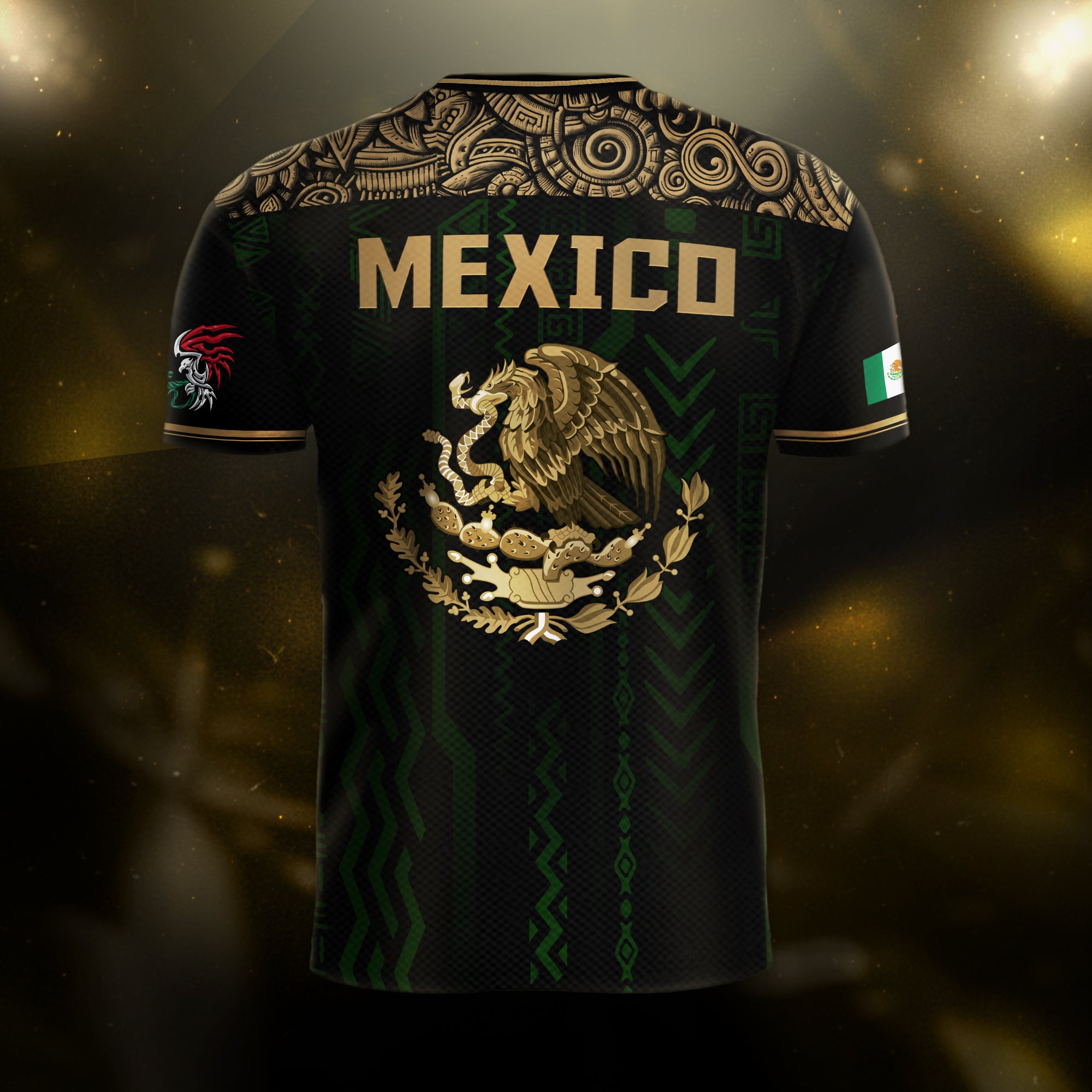 Mexico Soccer Jersey Black & Gold Aztec Design