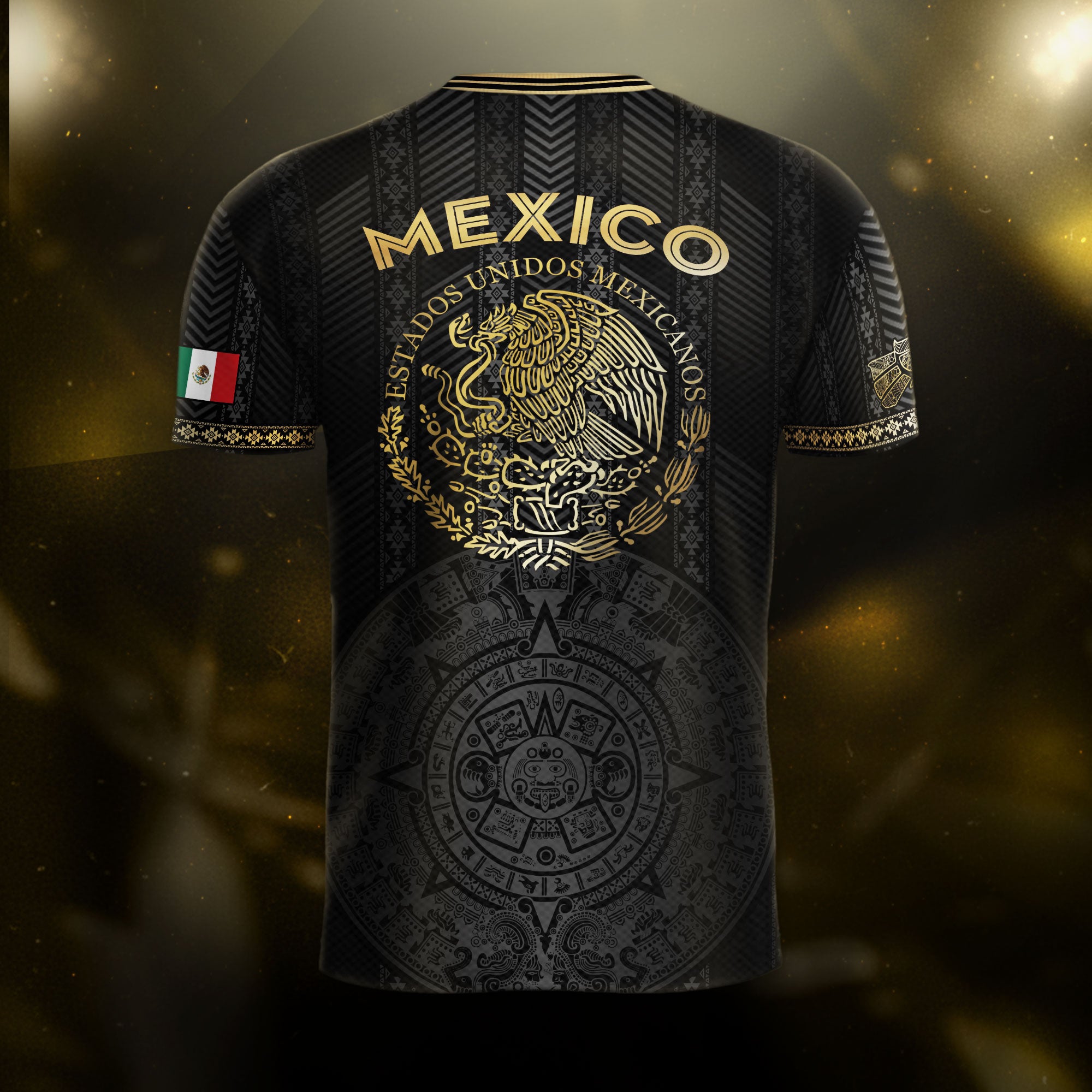Mexico Soccer Jersey Black Gold Aztec Calendar Design