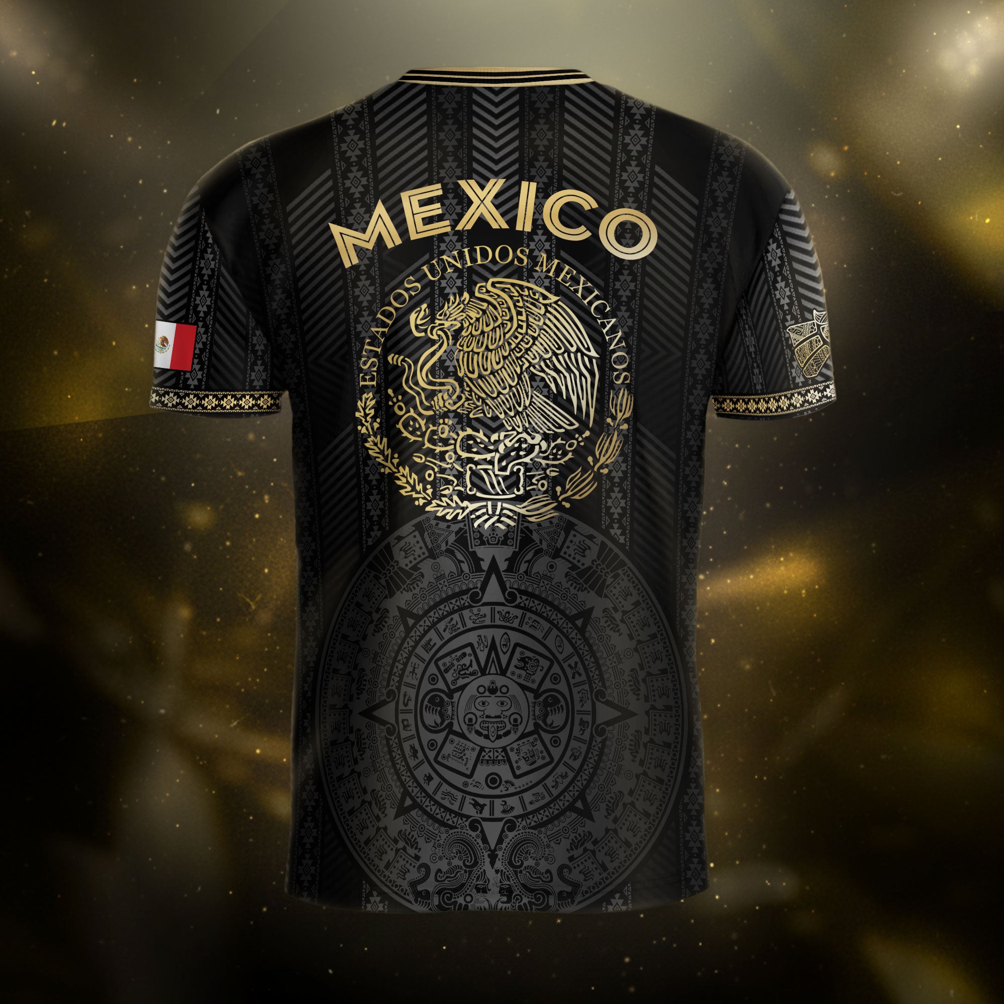 Camiseta de fútbol de México con diseño de calendario azteca, color negro y dorado