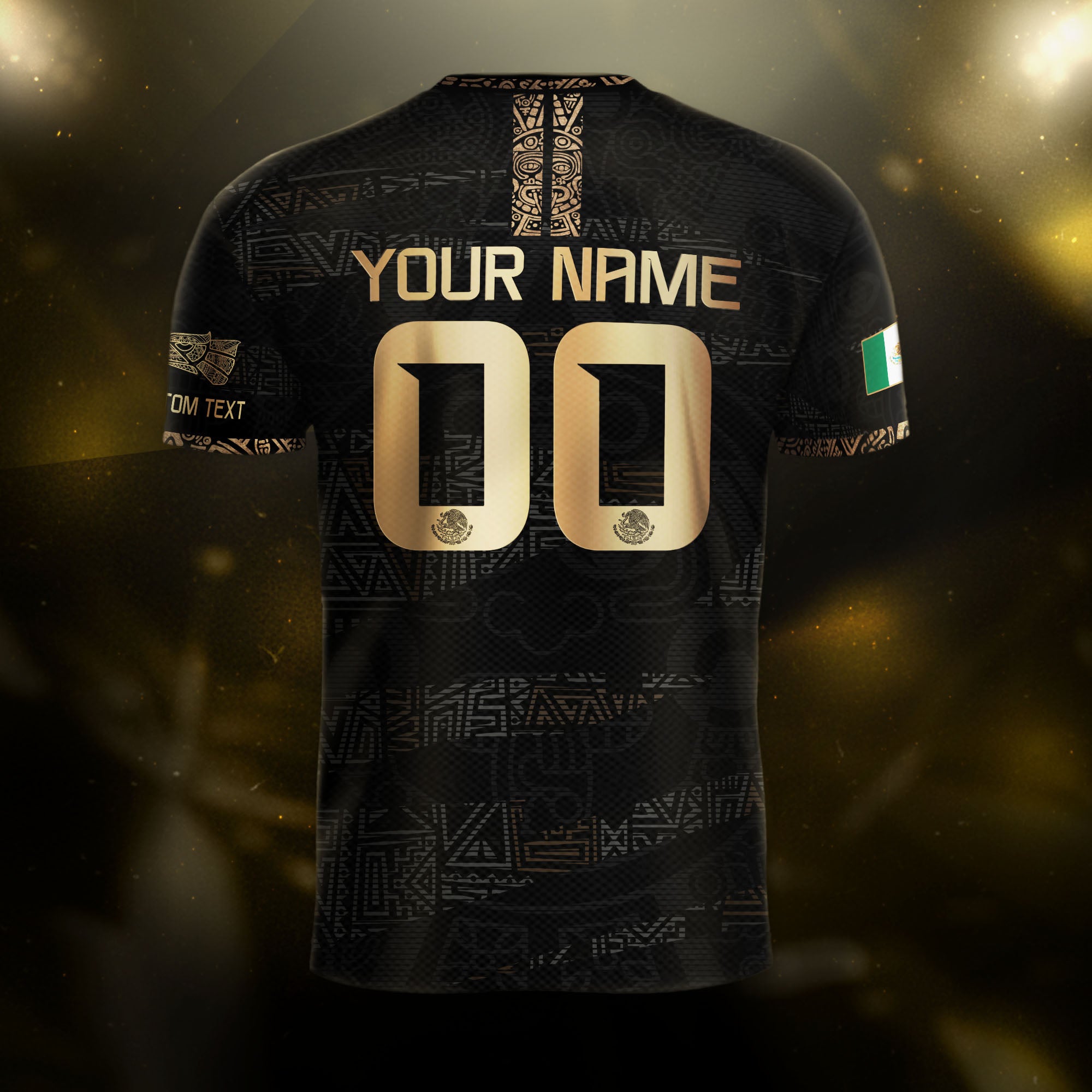 Custom Mexico Soccer Jersey Black Gold Aztec Design