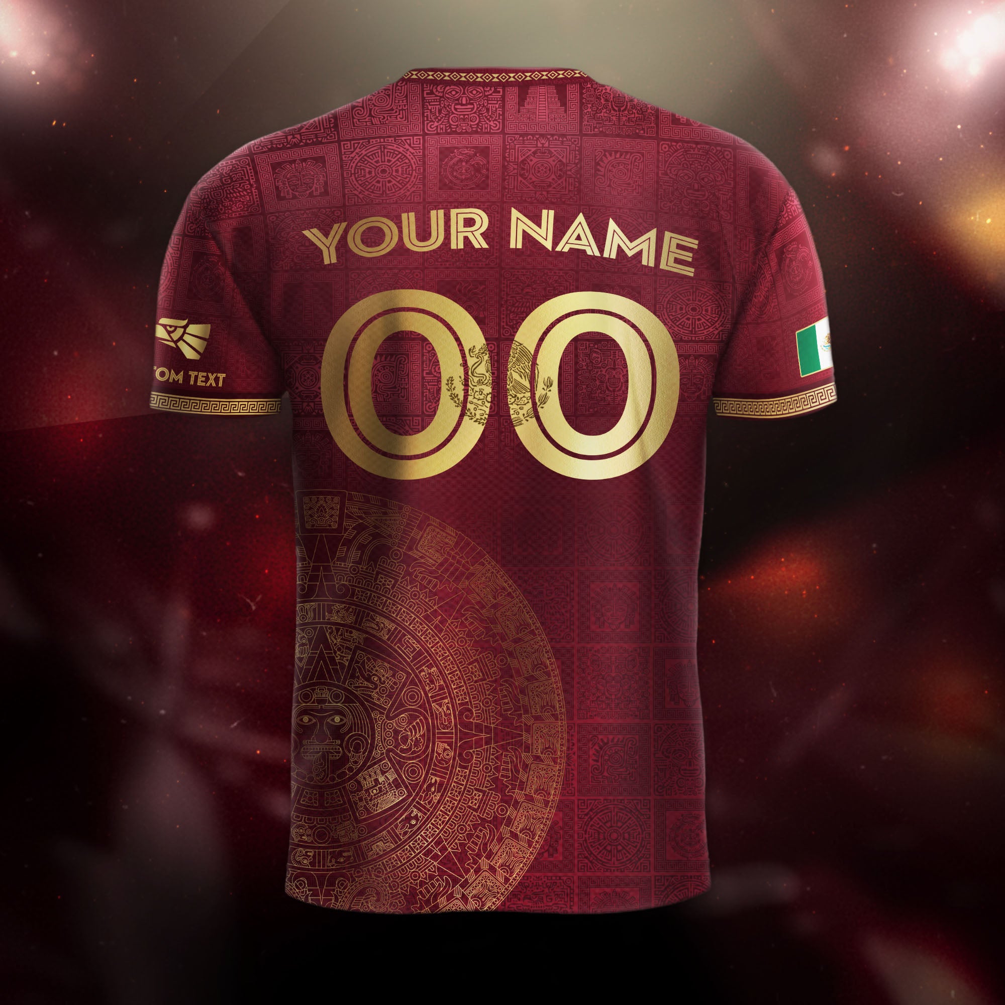 Custom Mexico Maroon Golden Aztec Calendar Soccer Jersey