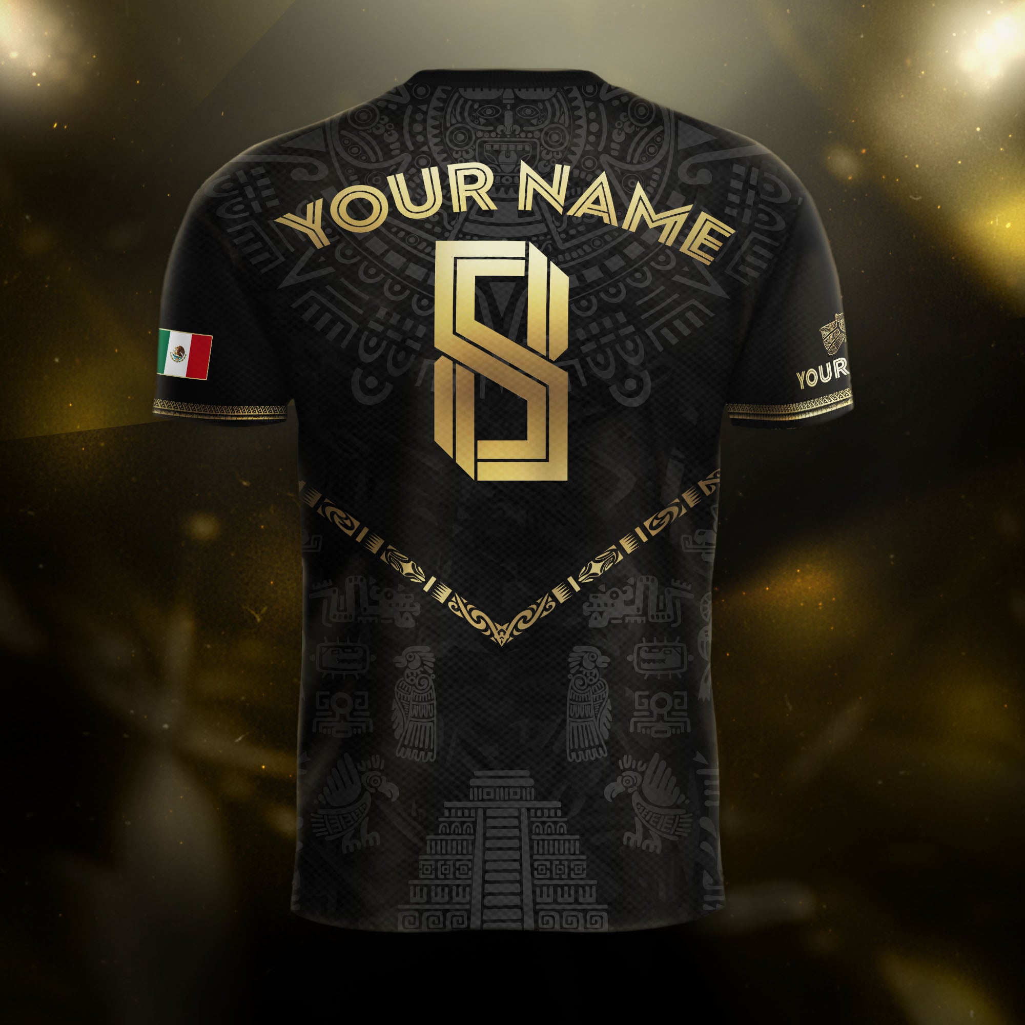 Custom Mexico Black Gold Aztec Calendar Pyramid Design Soccer Jersey