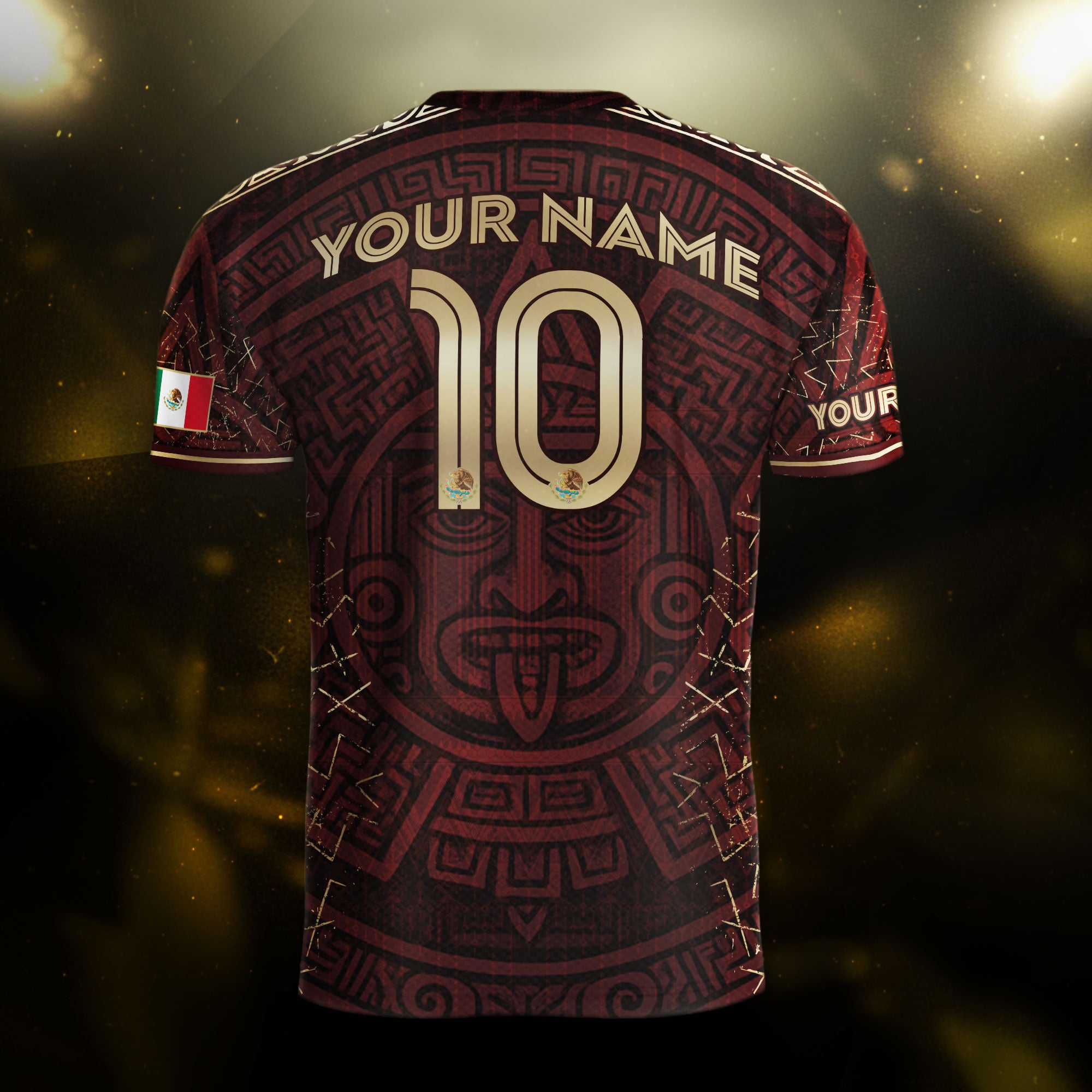 Custom Soccer Jersey Mexico Burgundy Gold Aztec Sun Design