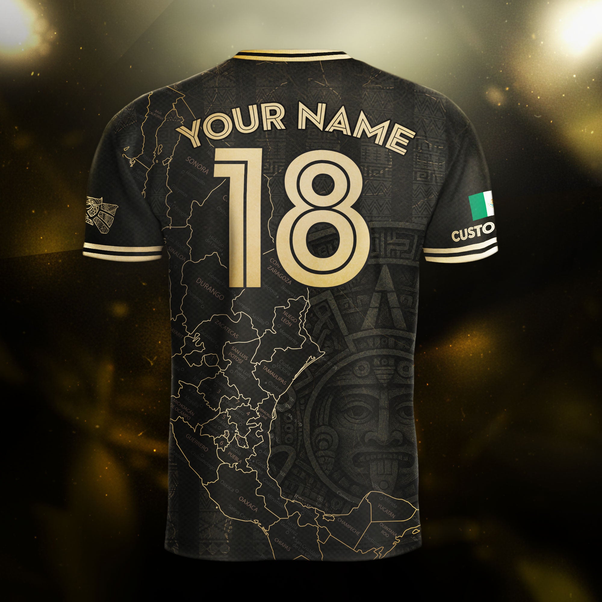 Custom Mexico Black Gold Map Aztec Sun Design Soccer Jersey