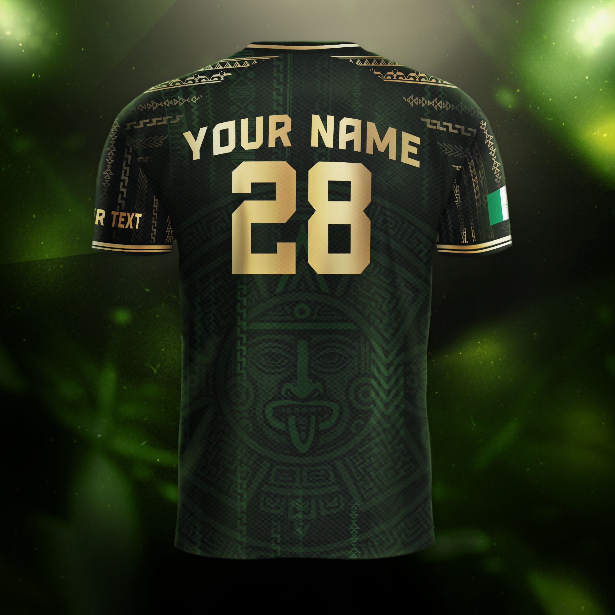 Custom Mexico Dark Green Gold Aztec Sun Design Soccer Jersey