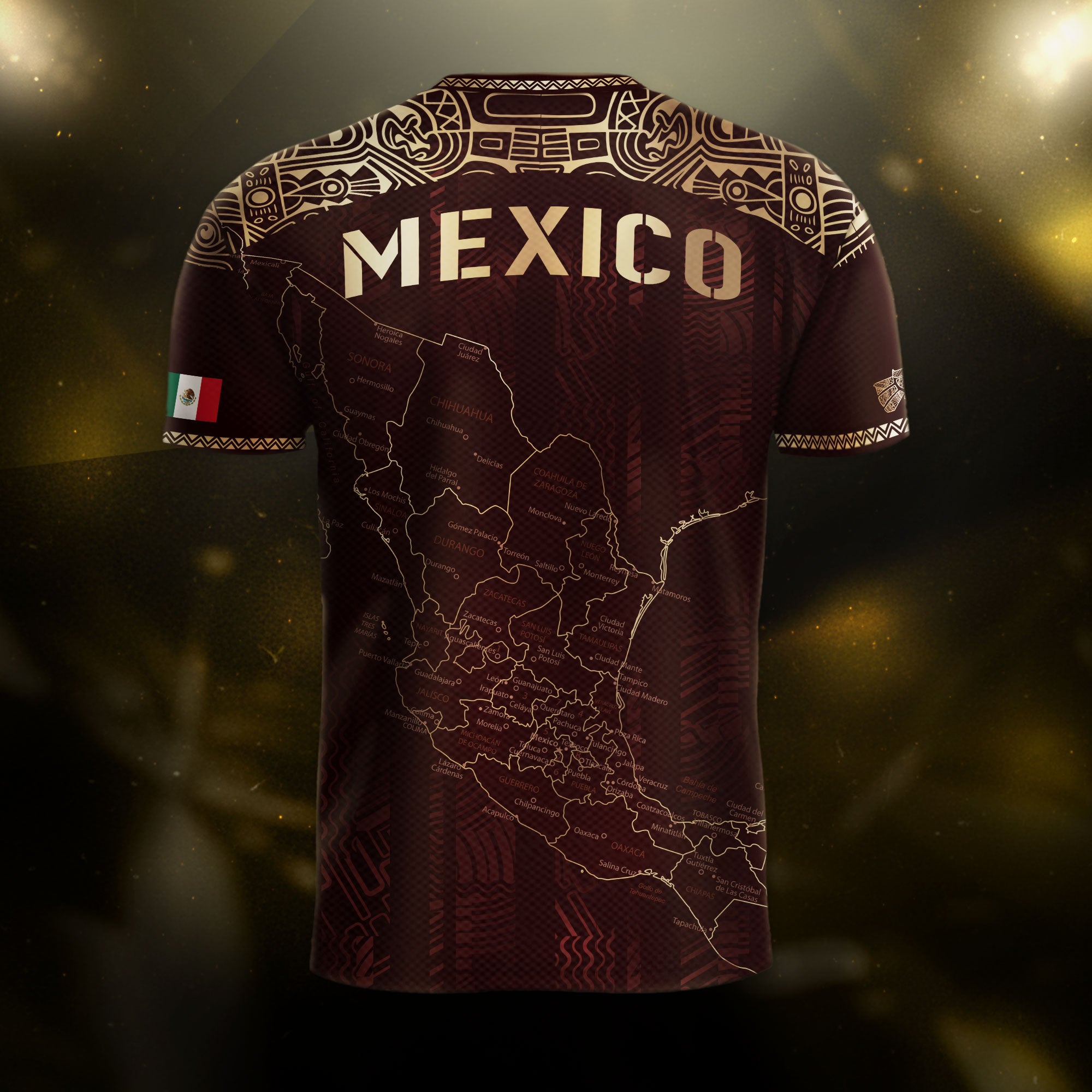 Mexico Soccer Jersey Burgundy Map Aztec Pattern Heritage Golden Details Design