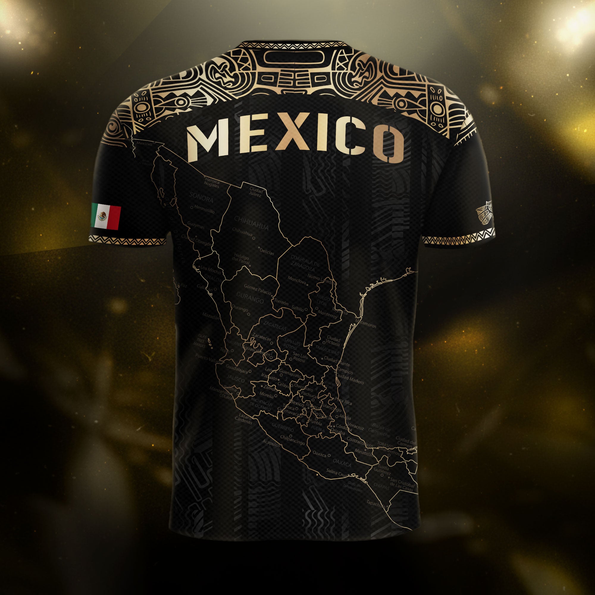 Mexico Black Heritage Map Soccer Jersey with Golden Aztec Details