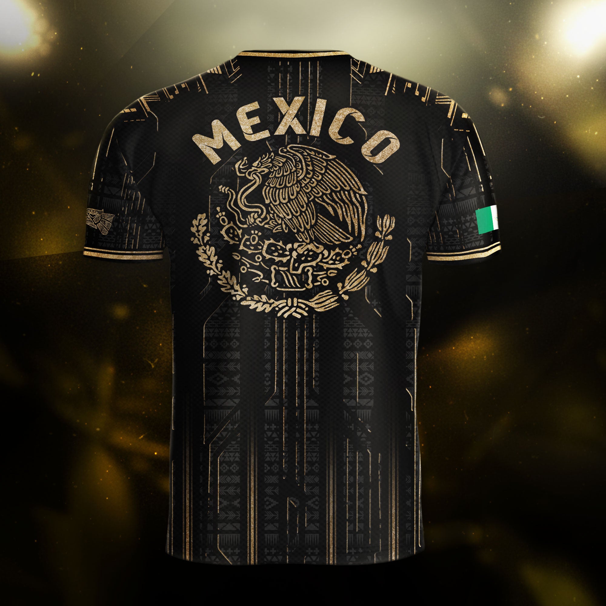 Mexico Soccer Jersey Black Aztec Warrior Gold Feather Design