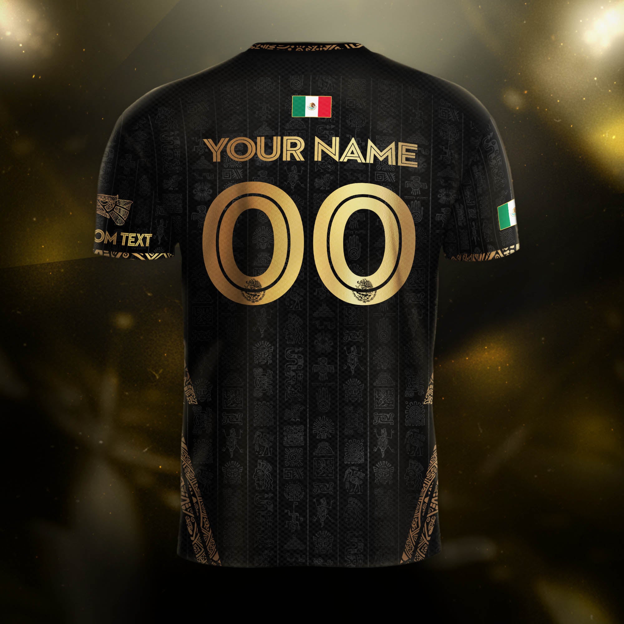 Custom Mexico Black Gold Soccer Jersey with Aztec Eagle Design