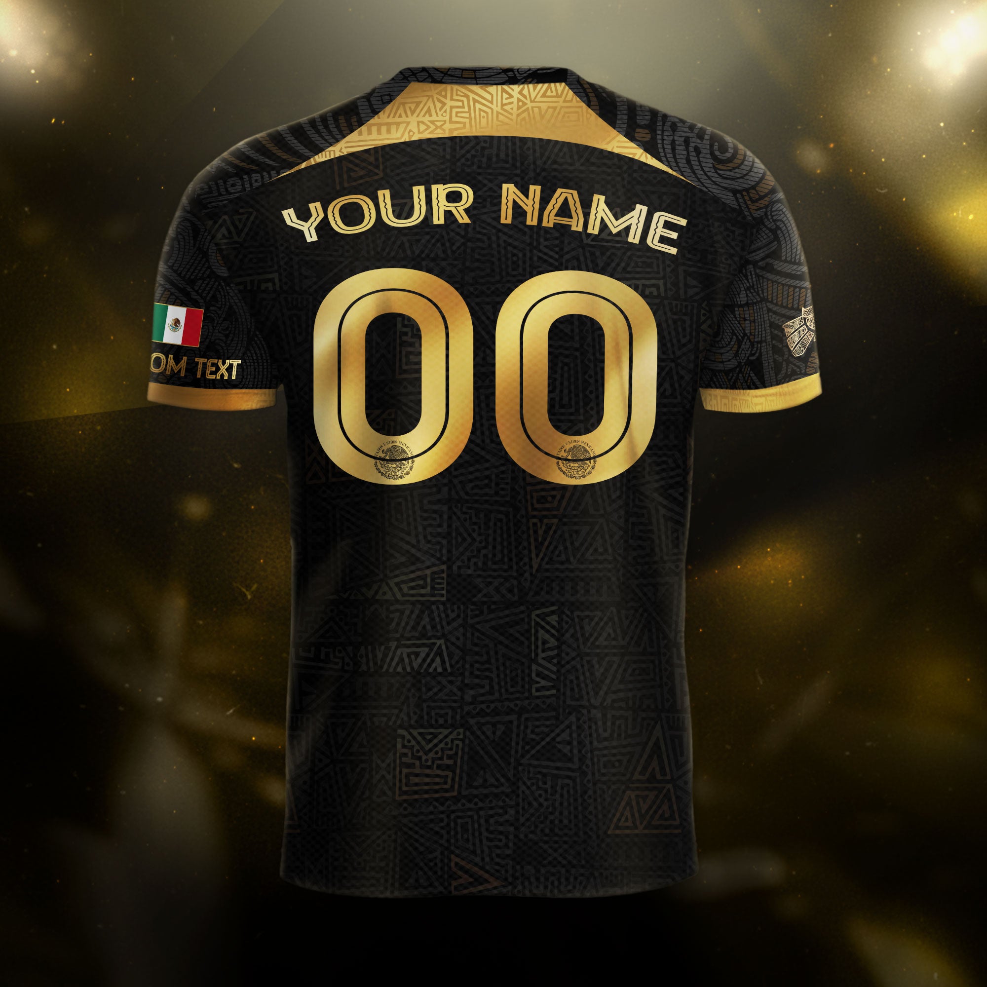 Custom Mexico Black Gold Soccer Jersey with Aztec Warrior Pattern