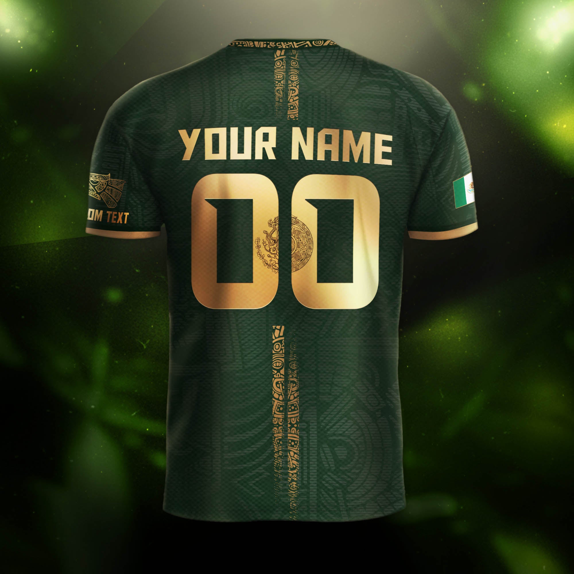 Custom Mexico Green Gold Soccer Jersey with Aztec Eagle Serpent Design