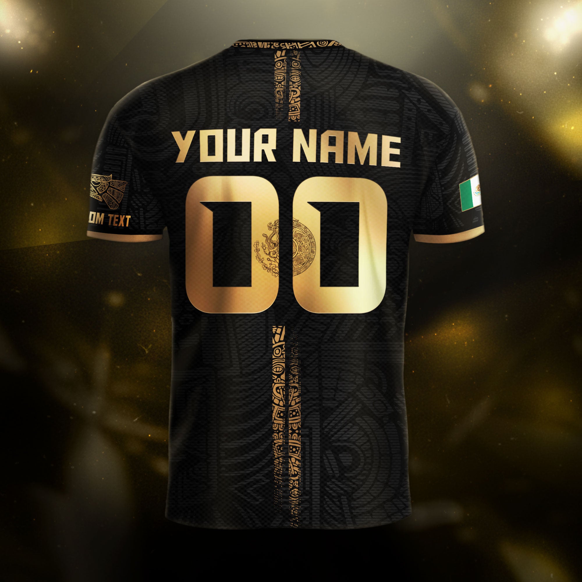 Custom Mexico Black Gold Soccer Jersey with Aztec Eagle Serpent Design