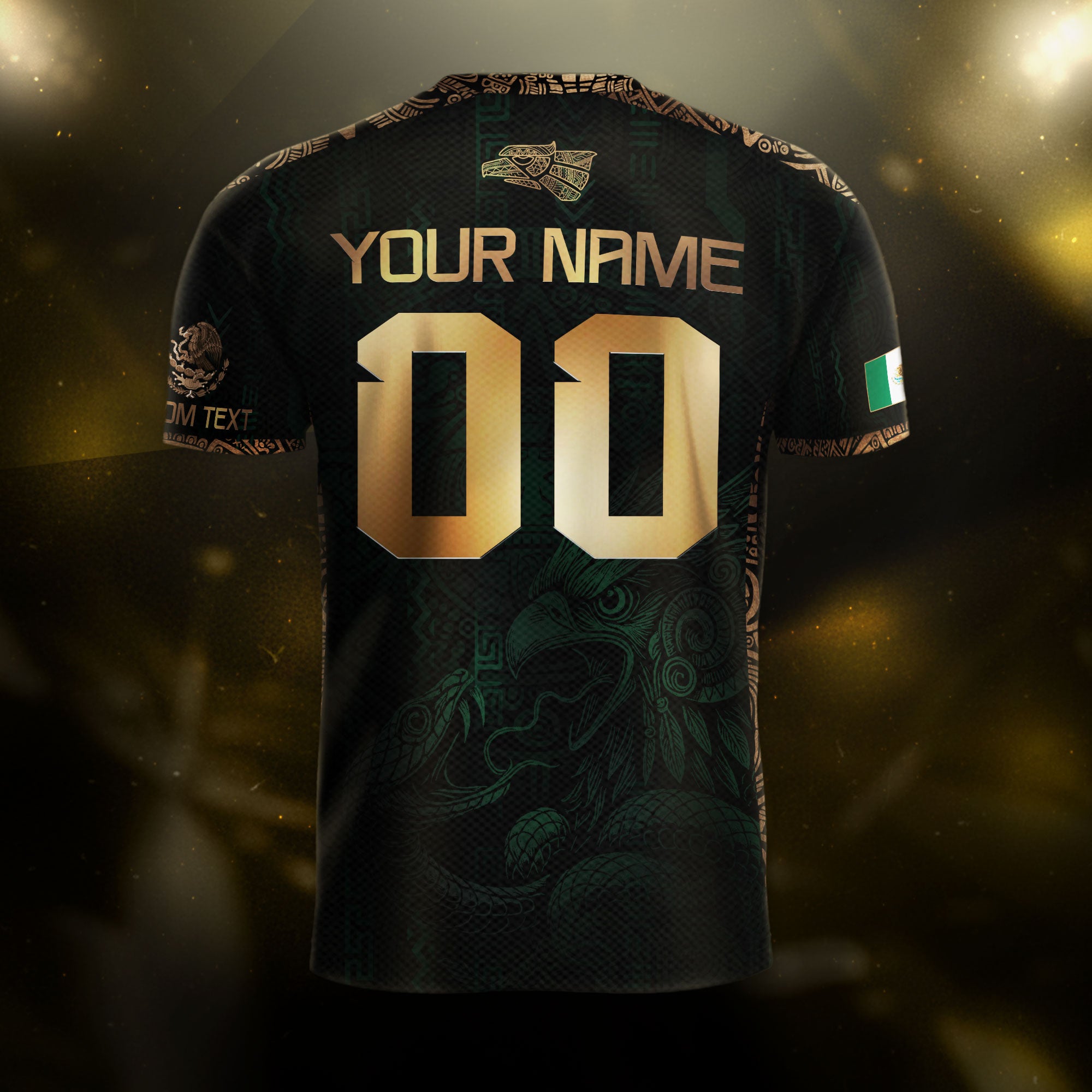 Custom Mexico Green Gold Soccer Jersey with Aztec Eagle Warrior Design