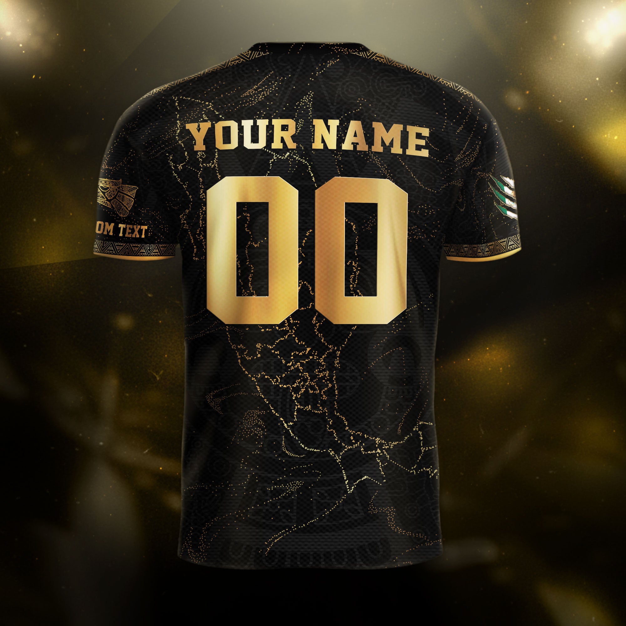Custom Mexico Black Gold Soccer Jersey with Heritage Map and Aztec Pattern