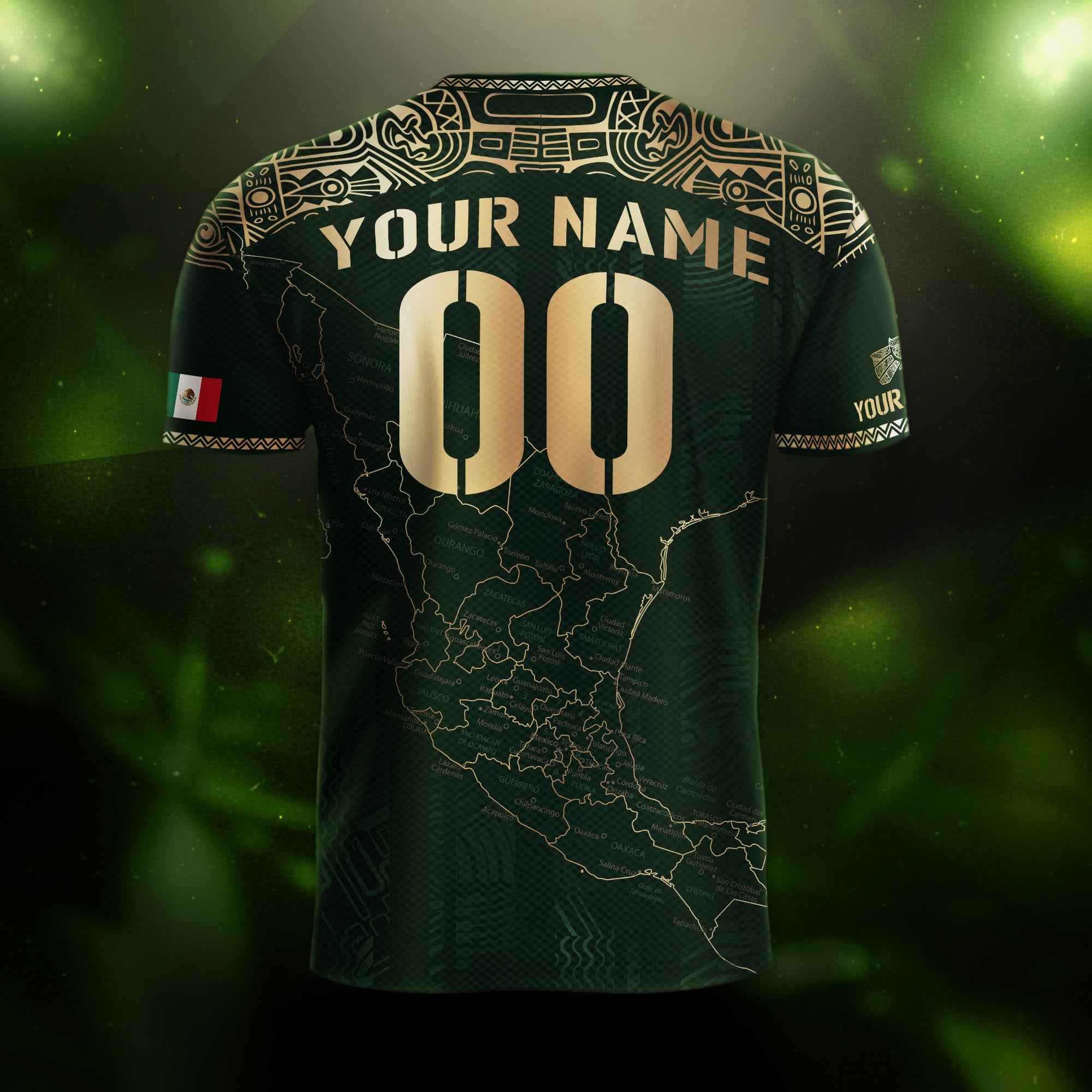 Custom Mexico Green Gold Map Aztec Heritage Soccer Jersey
