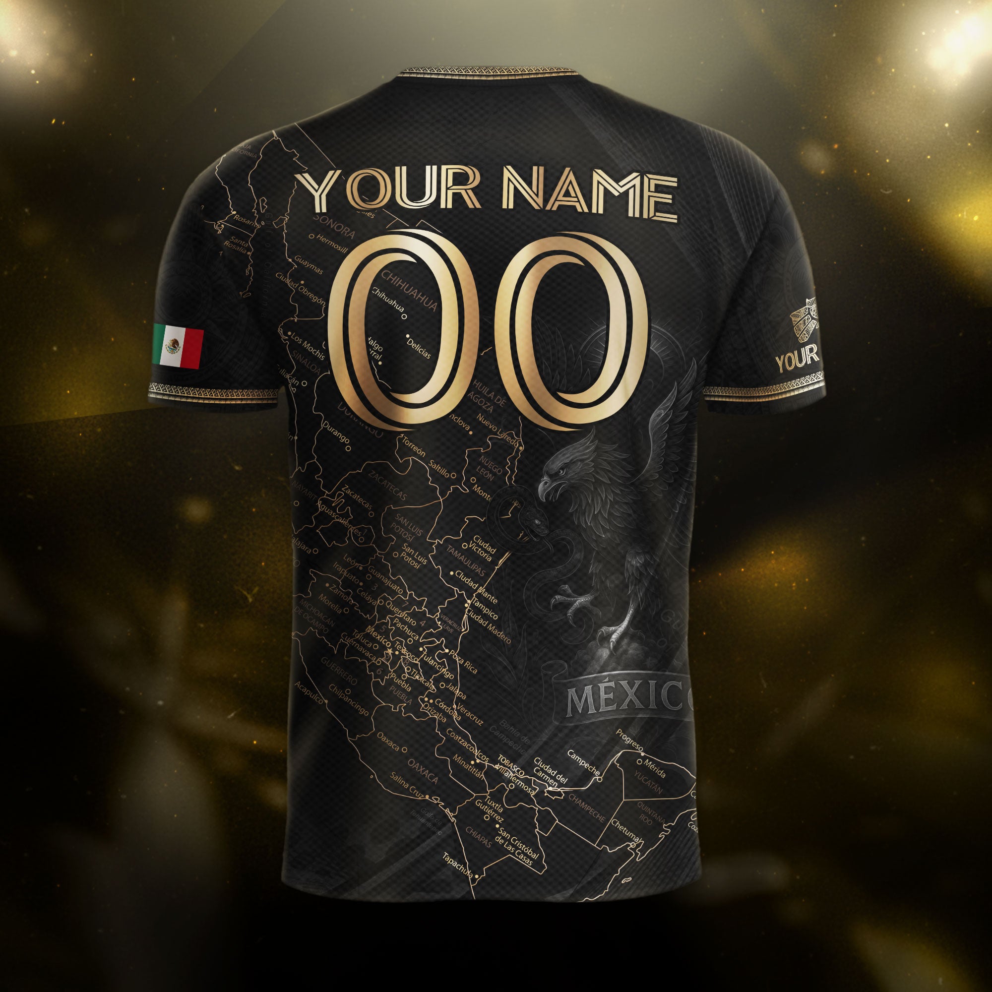 Custom Mexico Black Gold Map Aztec Eagle Heritage Soccer Jersey