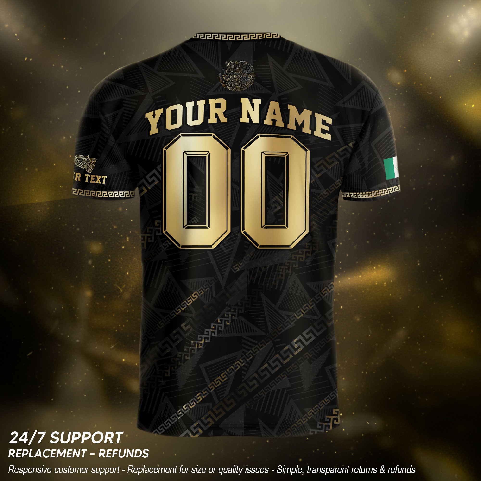 Custom Mexico Black Gold Eagle and Serpent Aztec Heritage Soccer Jersey