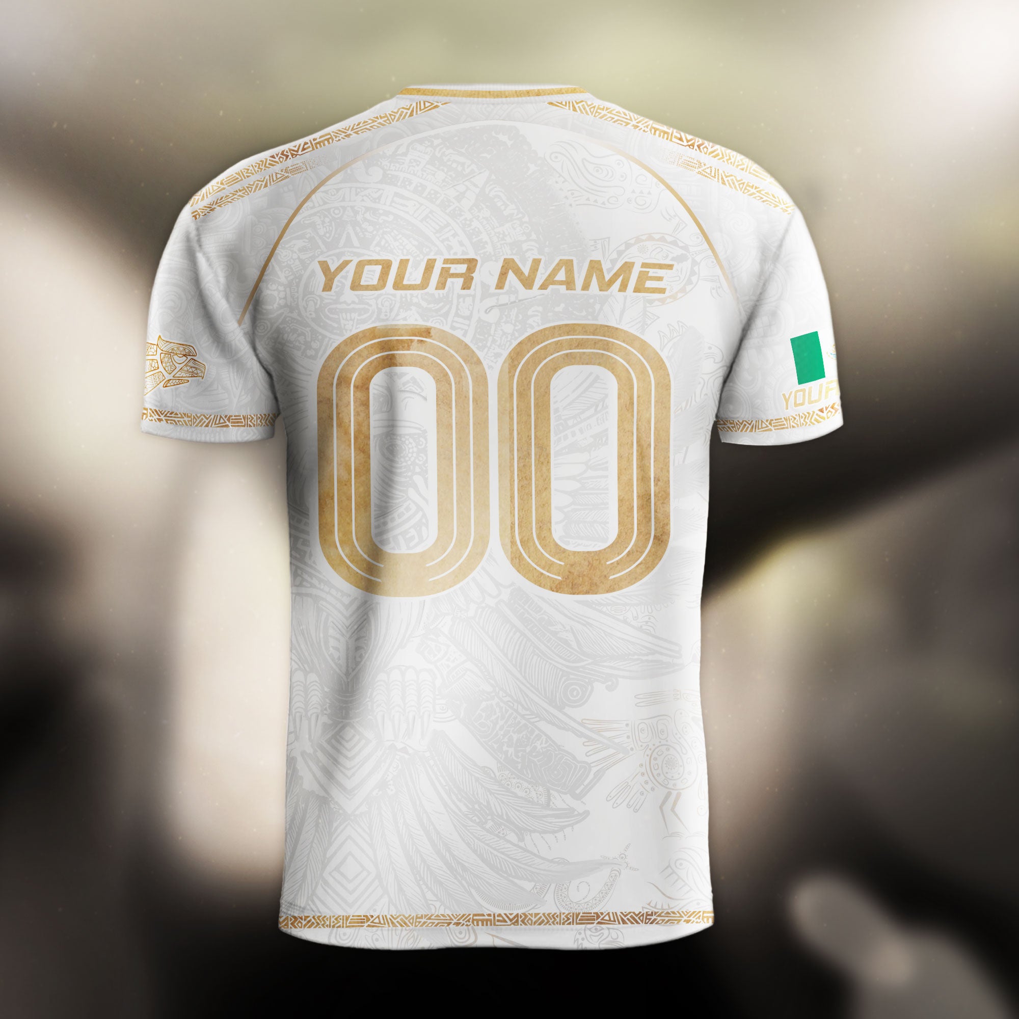Custom Mexico Soccer Jersey White Gold Heritage Aztec Eagle Design