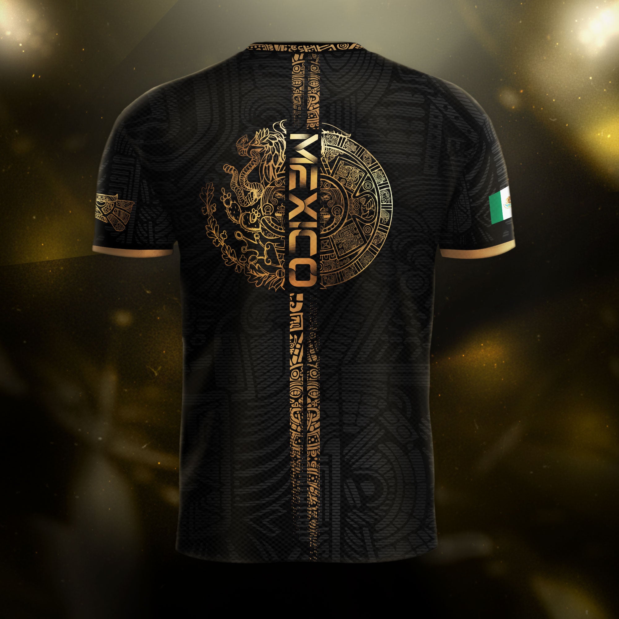 Camiseta de fútbol de la herencia del guerrero azteca del águila dorada negra de México