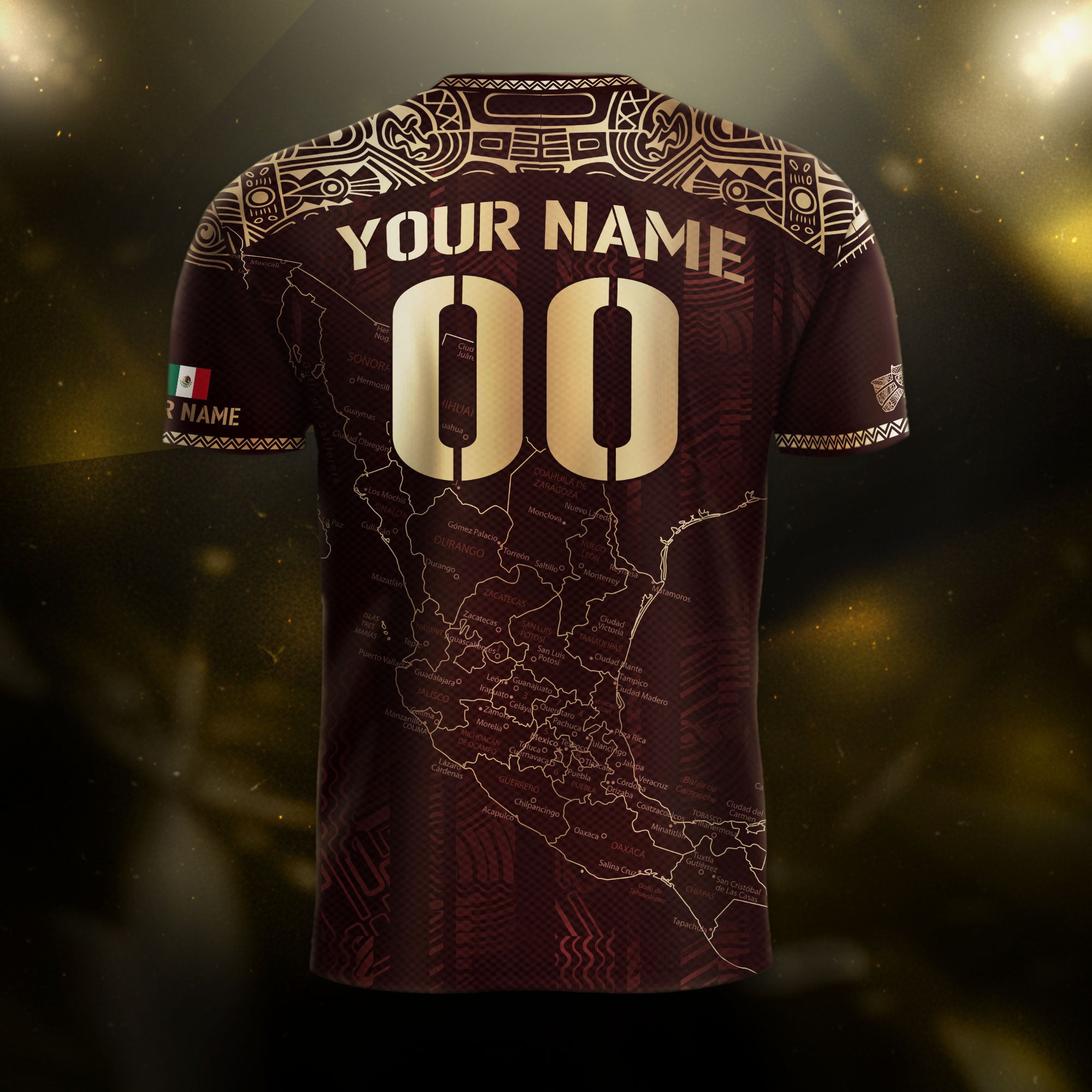 Custom Mexico Burgundy Soccer Jersey with Golden Aztec Map Design