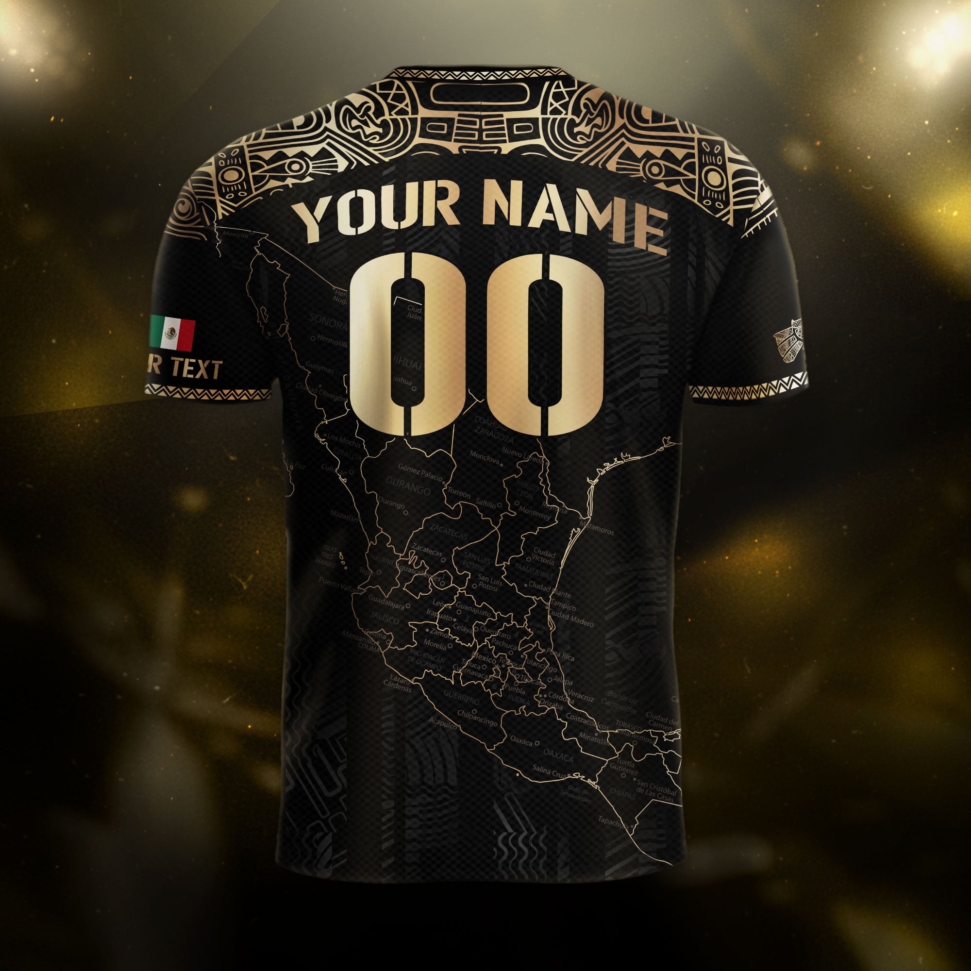 Custom Mexico Black Gold Soccer Jersey with Heritage Map and Aztec Details