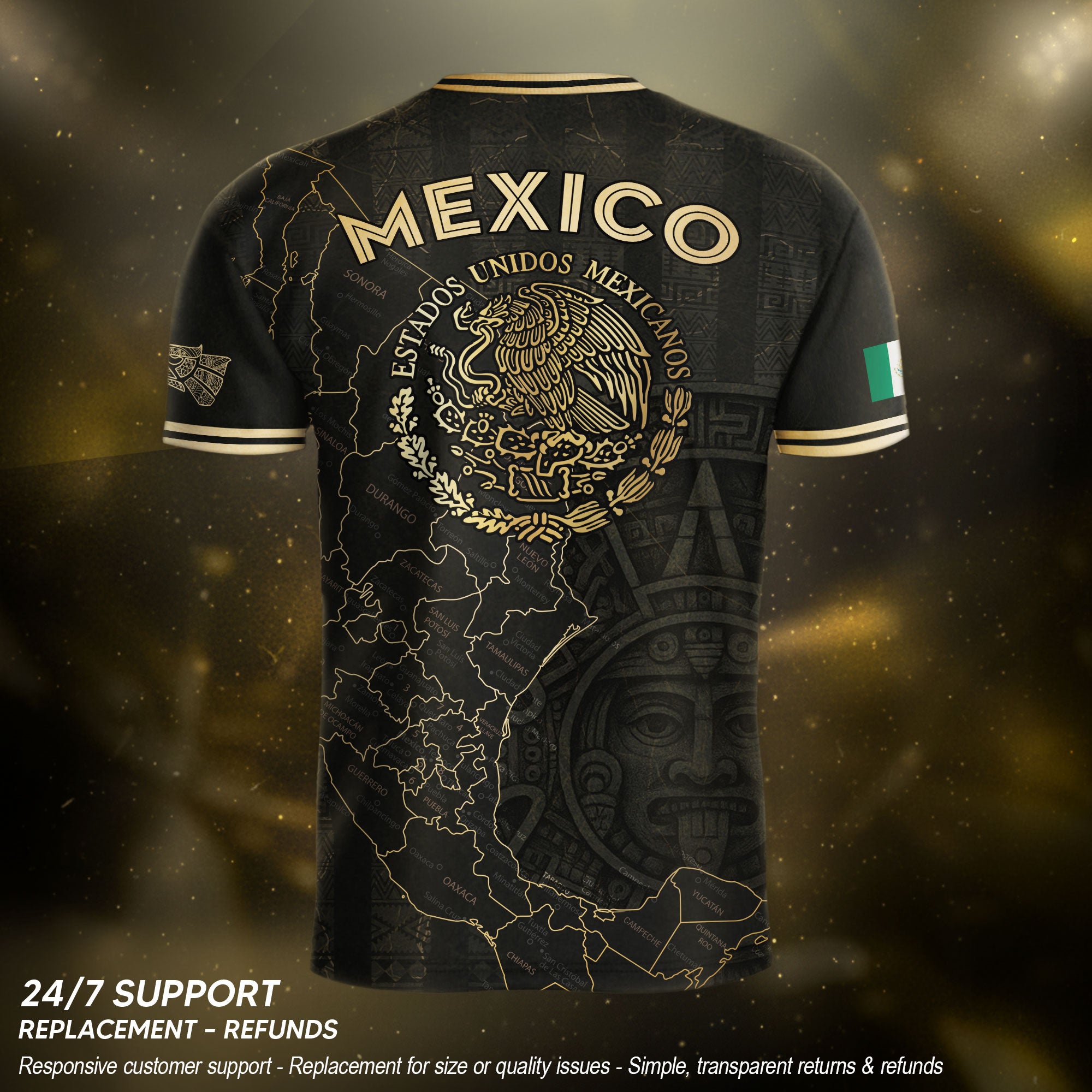 Camiseta de fútbol con el calendario azteca y el mapa negro y dorado de México
