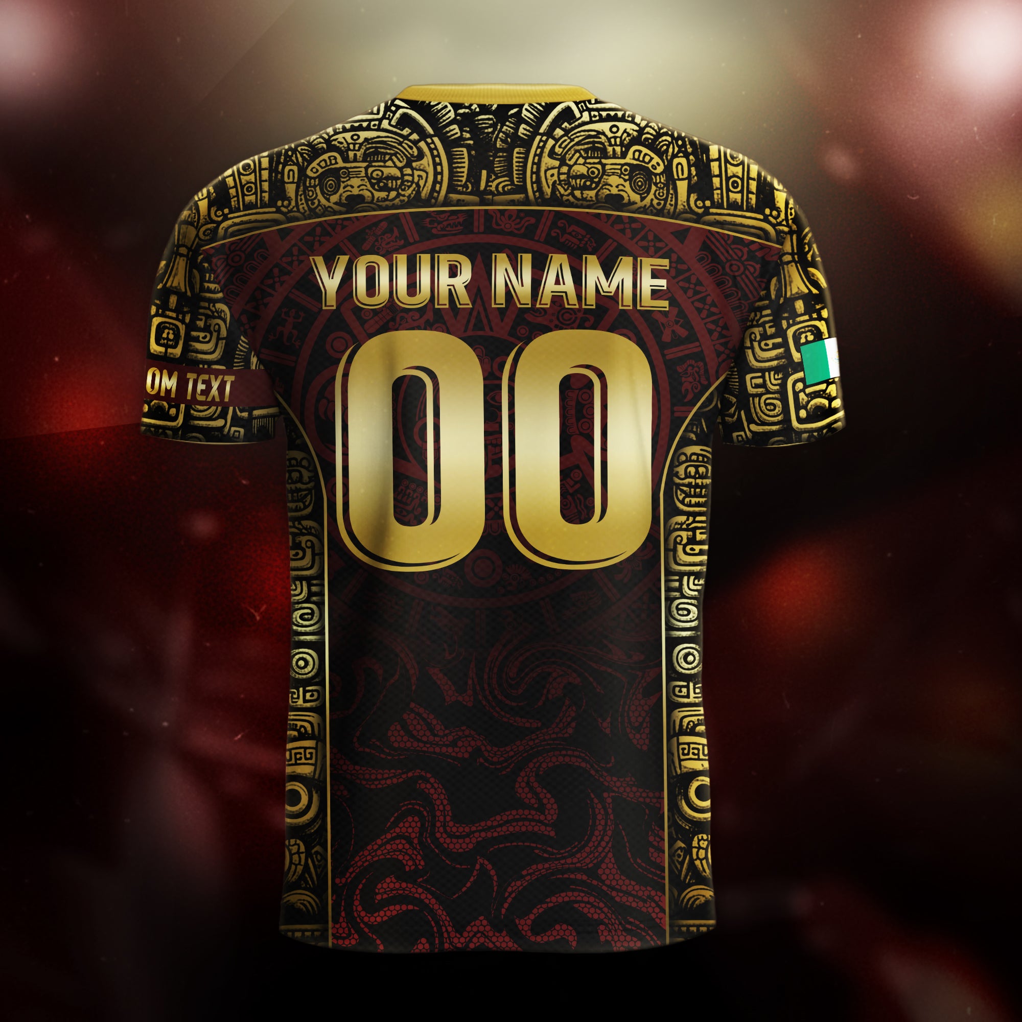 Custom Mexico Jersey Black Red Gold Aztec Calendar Design