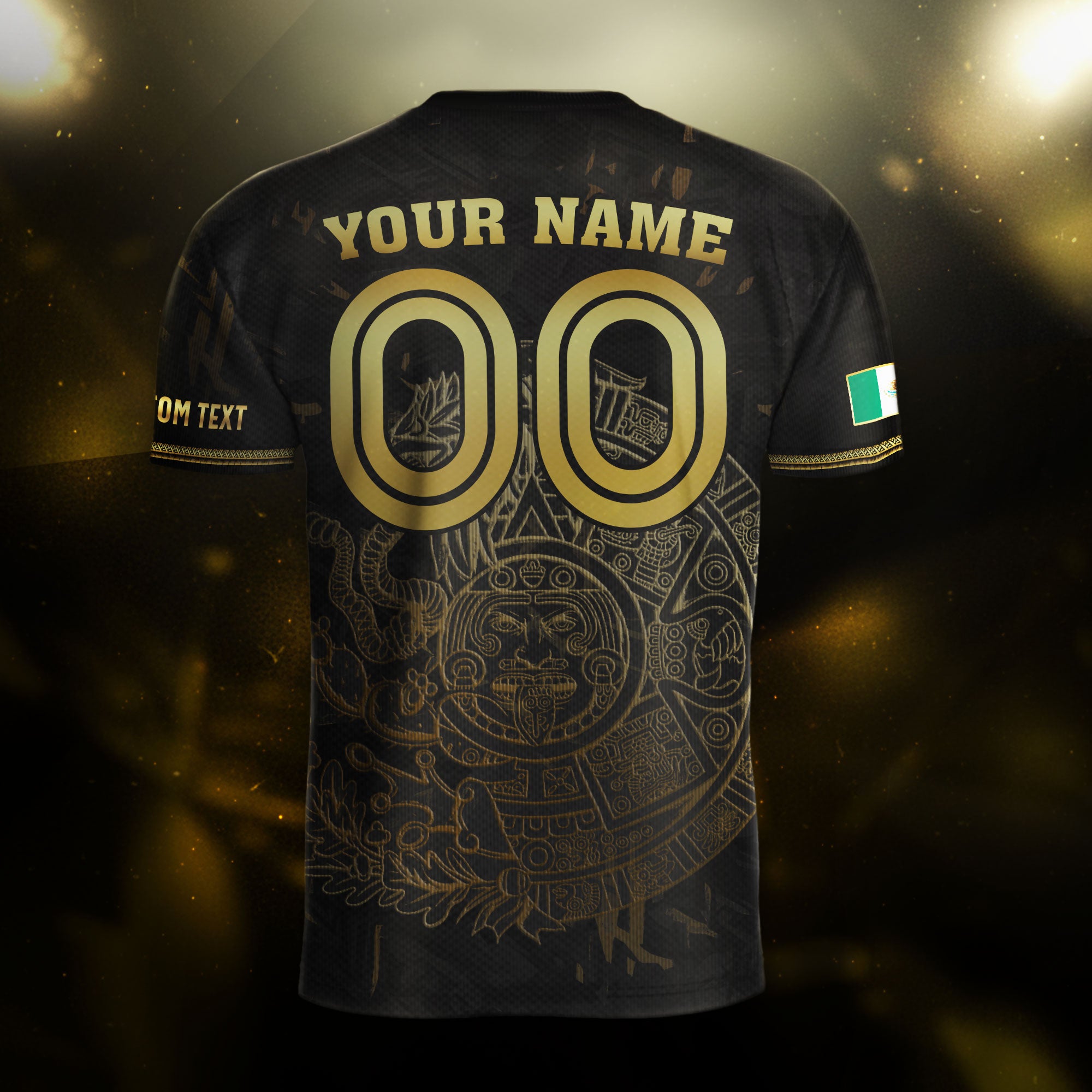 Custom Mexico Jersey Black Gold Eagle Serpent Aztec Design