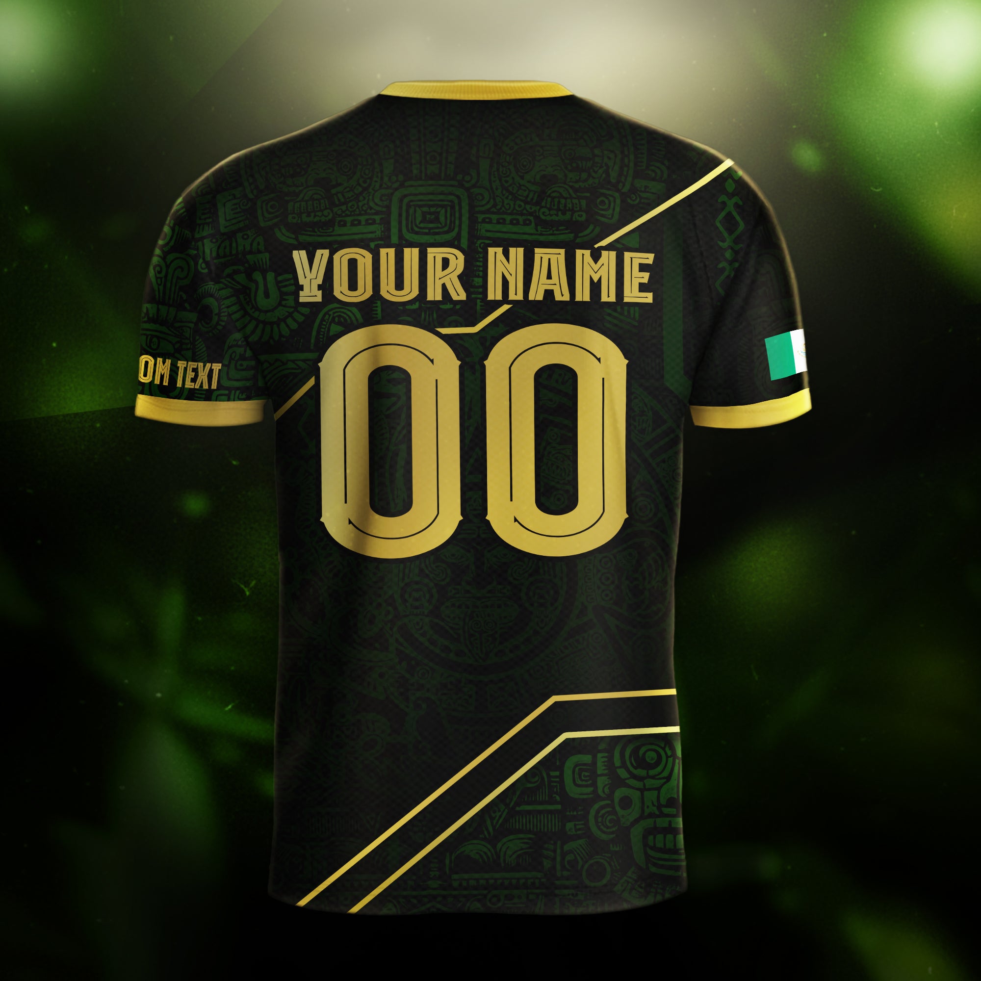 Custom Mexico Jersey Black Green Gold Aztec Heritage Design