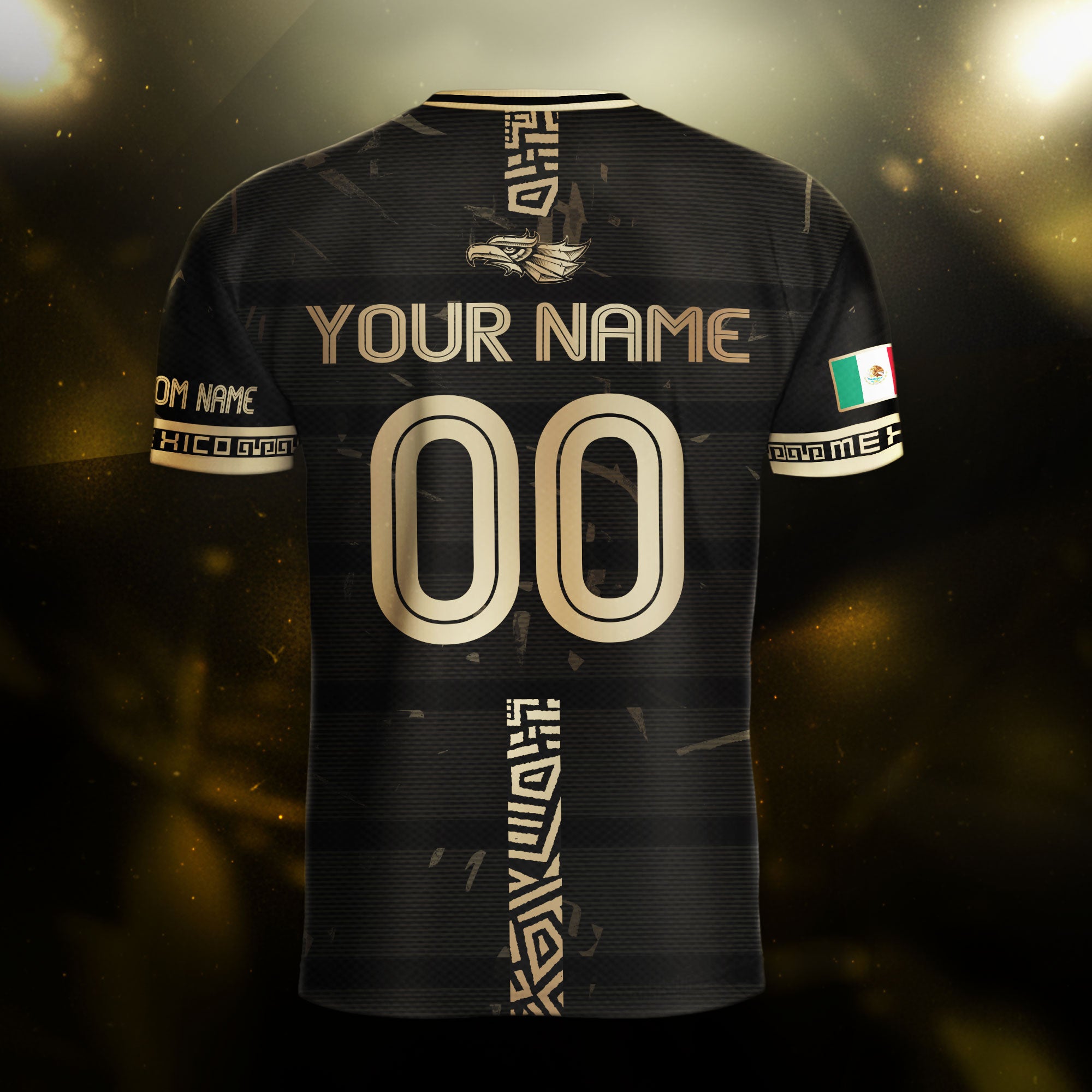 Custom Mexico Jersey Black Gold Eagle Serpent Aztec Warrior Design