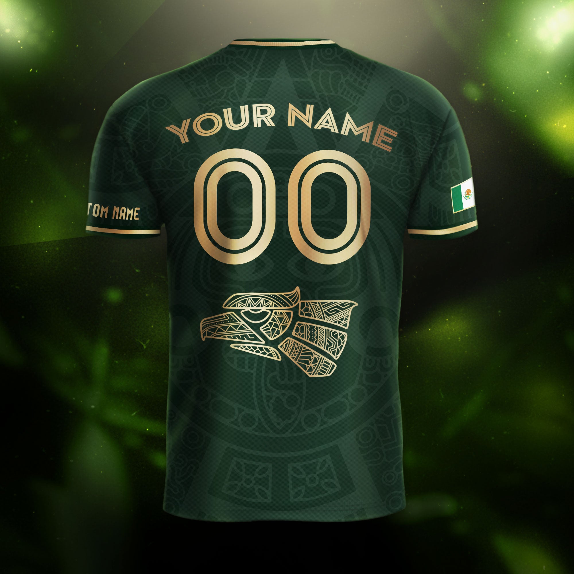 Custom Mexico Soccer Jersey Green Gold Aztec Calendar Design