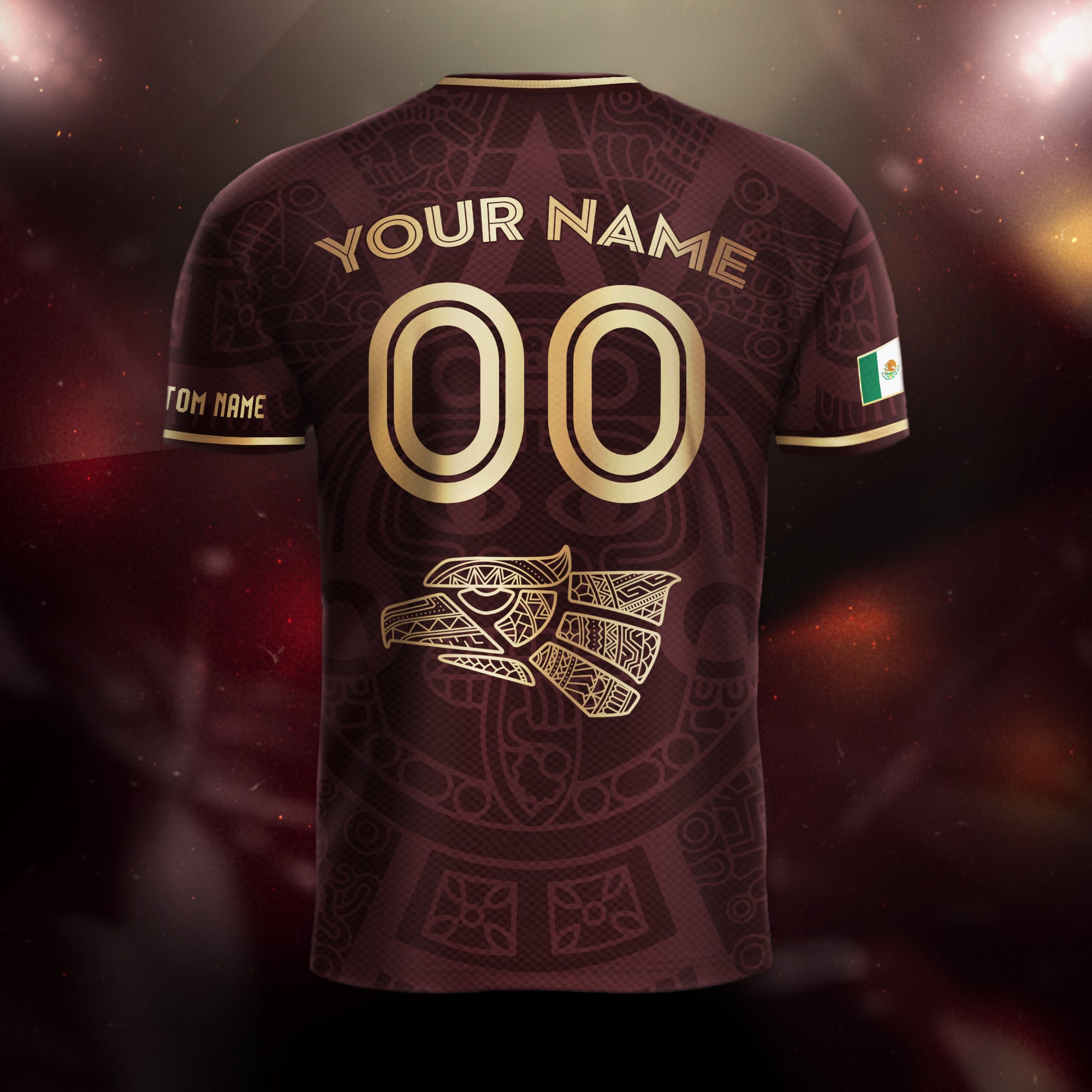 Custom Mexico Soccer Jersey Maroon Gold Aztec Calendar Design