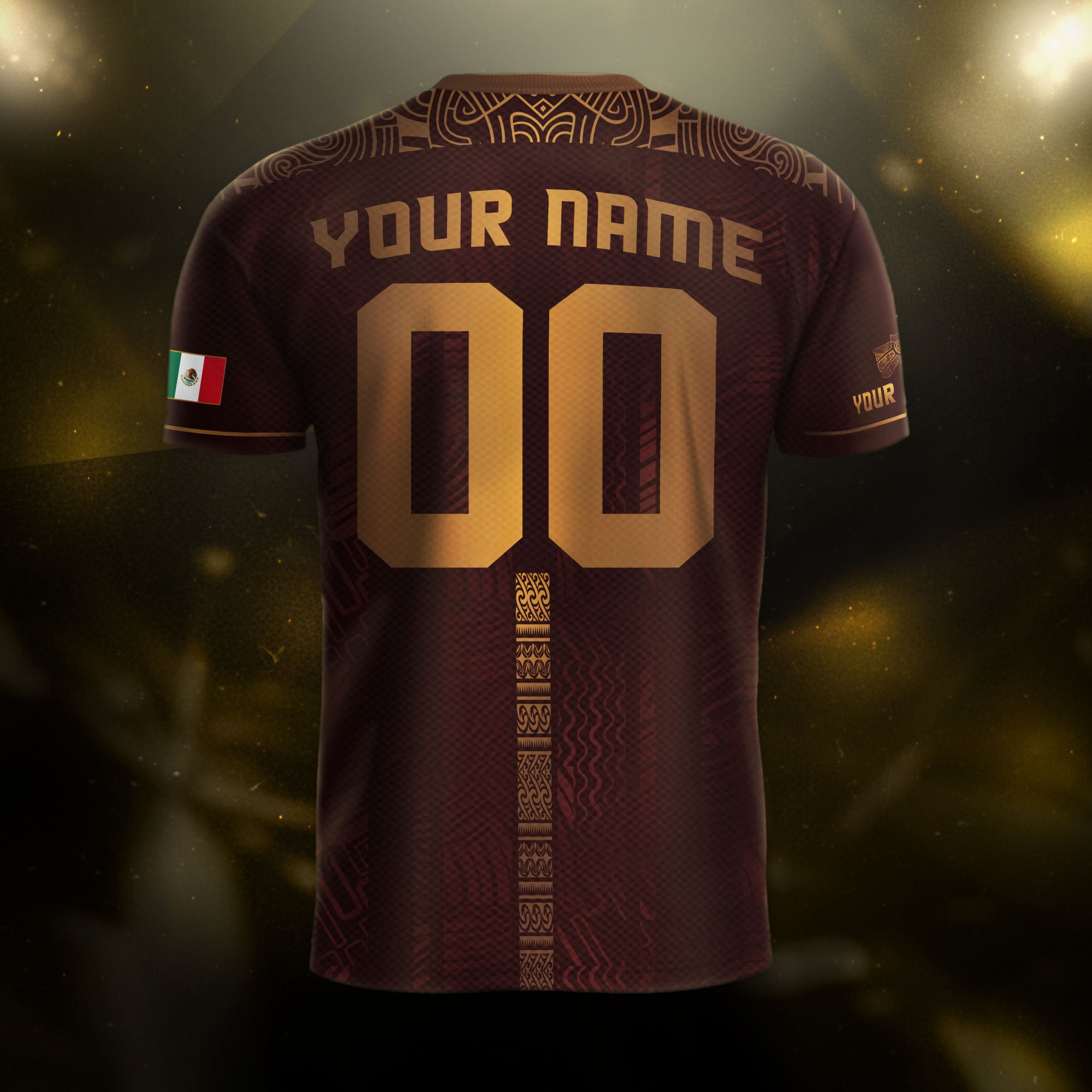 Custom Mexico Soccer Jersey Burgundy Gold Aztec Pattern Heritage Design