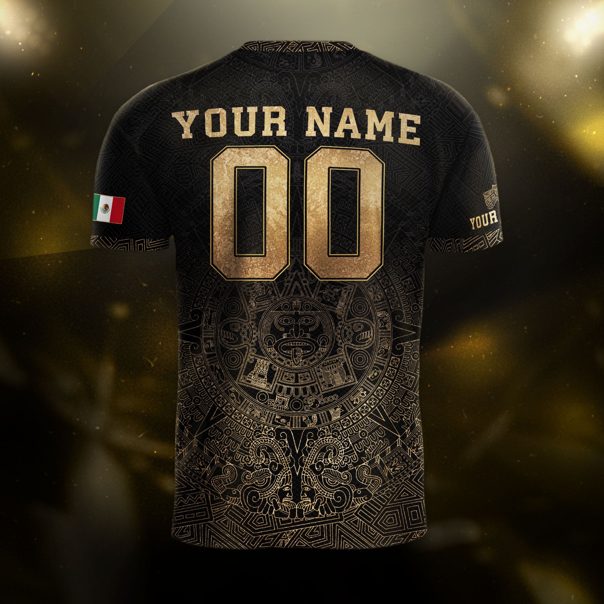 Custom Mexico Soccer Jersey Black Gold Aztec Calendar Heritage Design