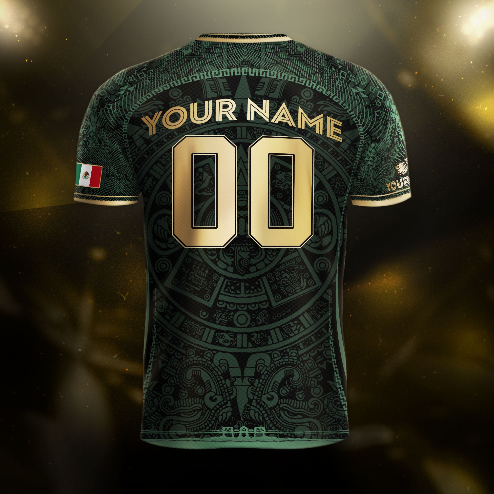 Custom Mexico Soccer Jersey Green Gold Aztec Calendar Heritage Design