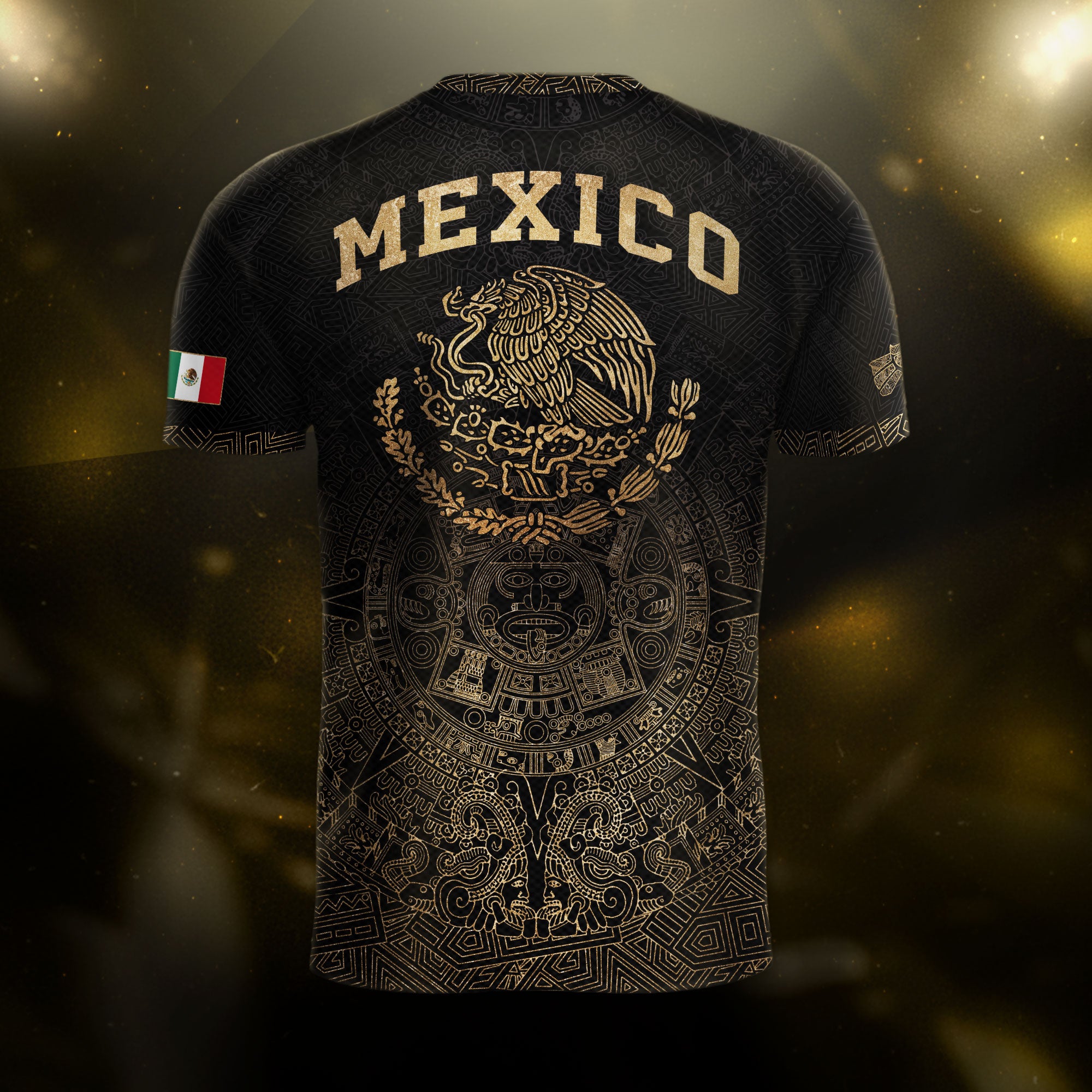 Mexico Soccer Jersey Black Gold Aztec Calendar Eagle Emblem Design