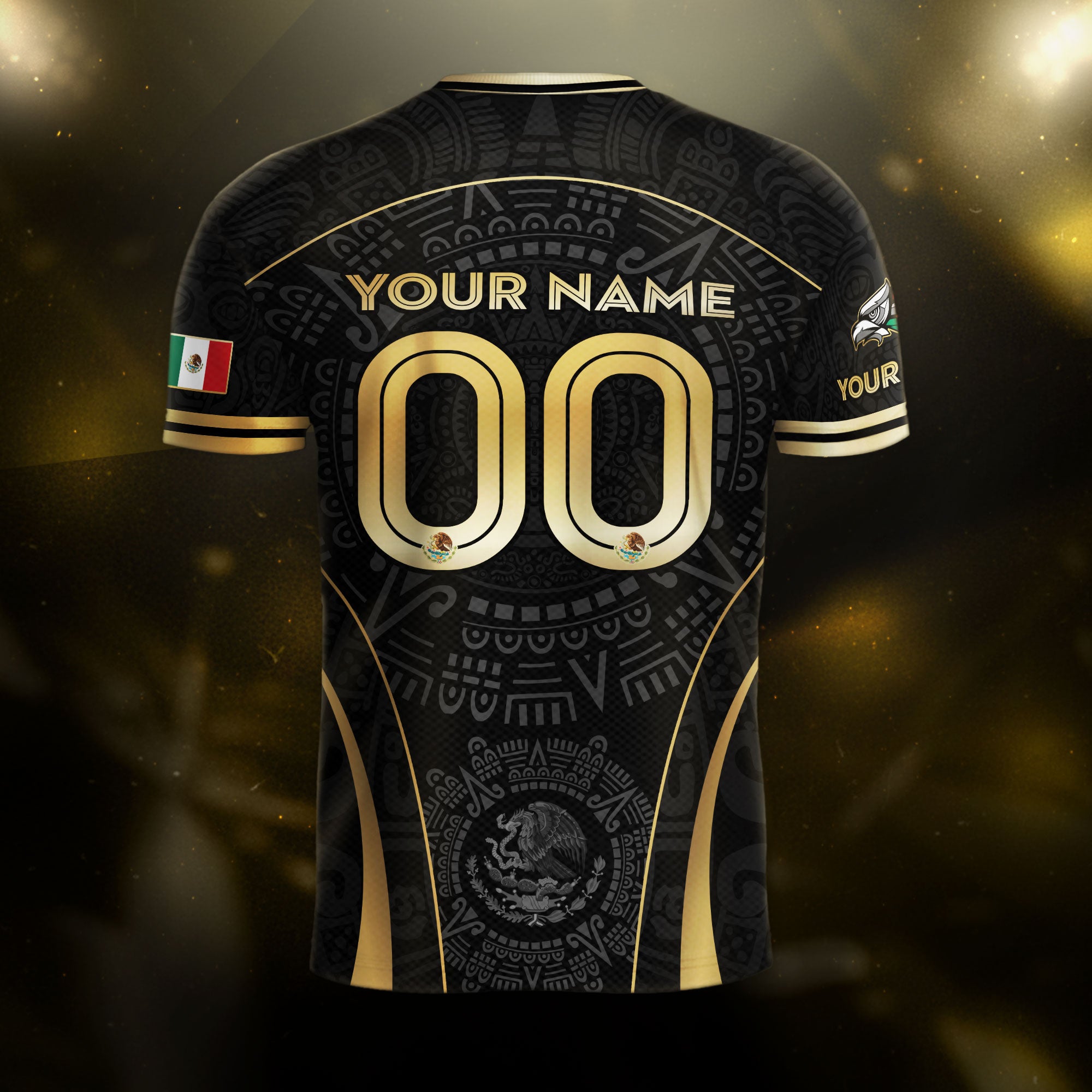 Custom Mexico Soccer Jersey Black Gold Aztec Calendar Design