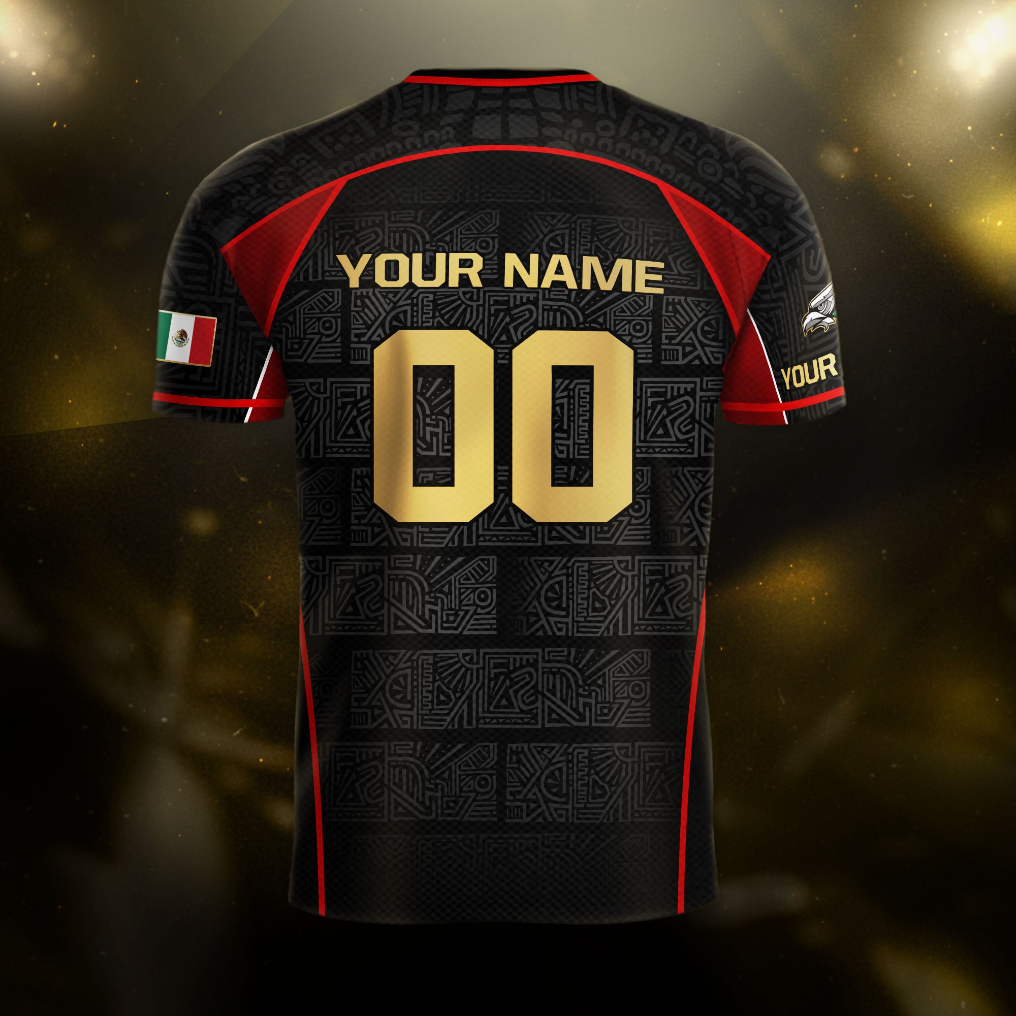 Custom Mexico Soccer Jersey Black Red Gold Aztec Pattern Design