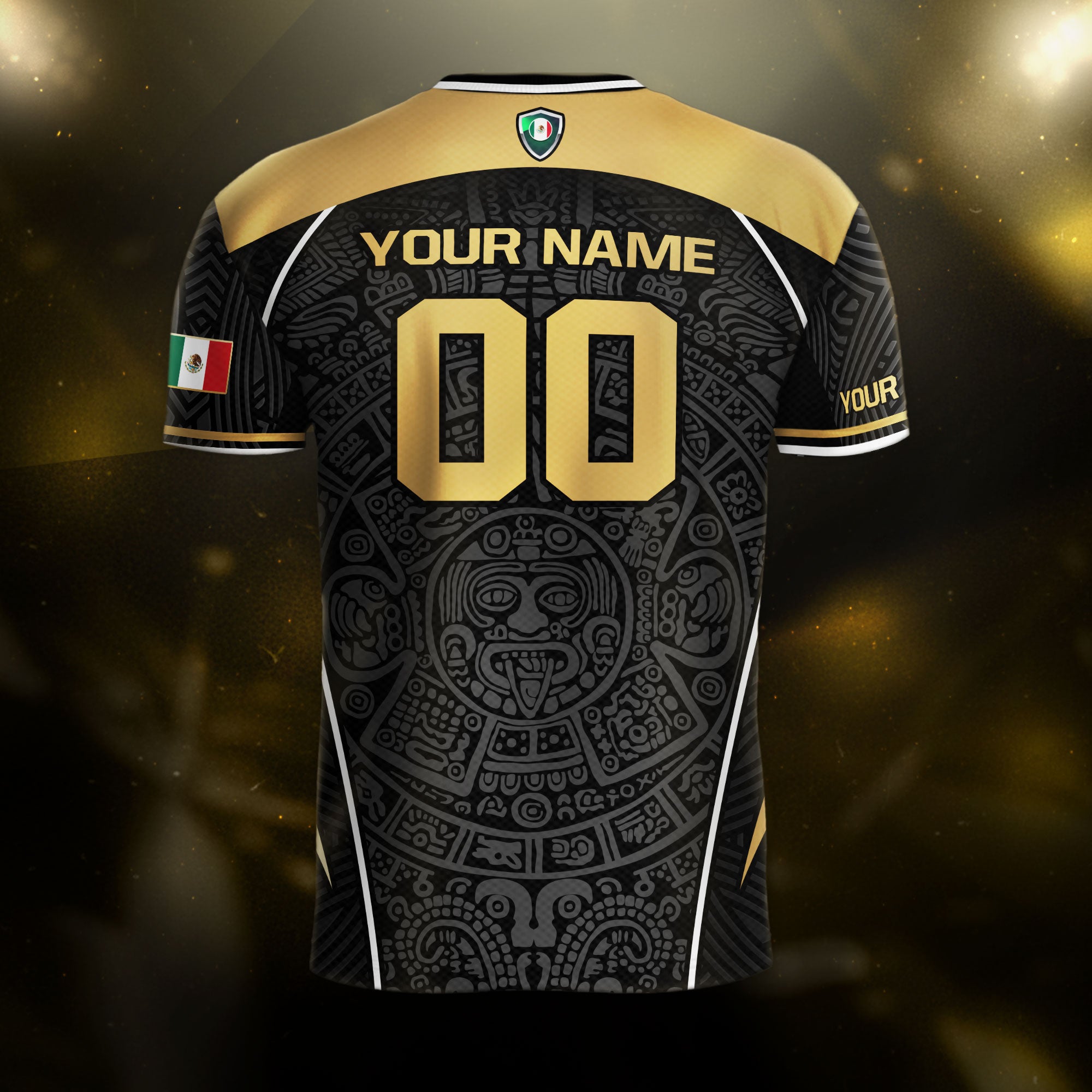 Custom Mexico Soccer Jersey Black Gold Heritage Aztec Pattern Design